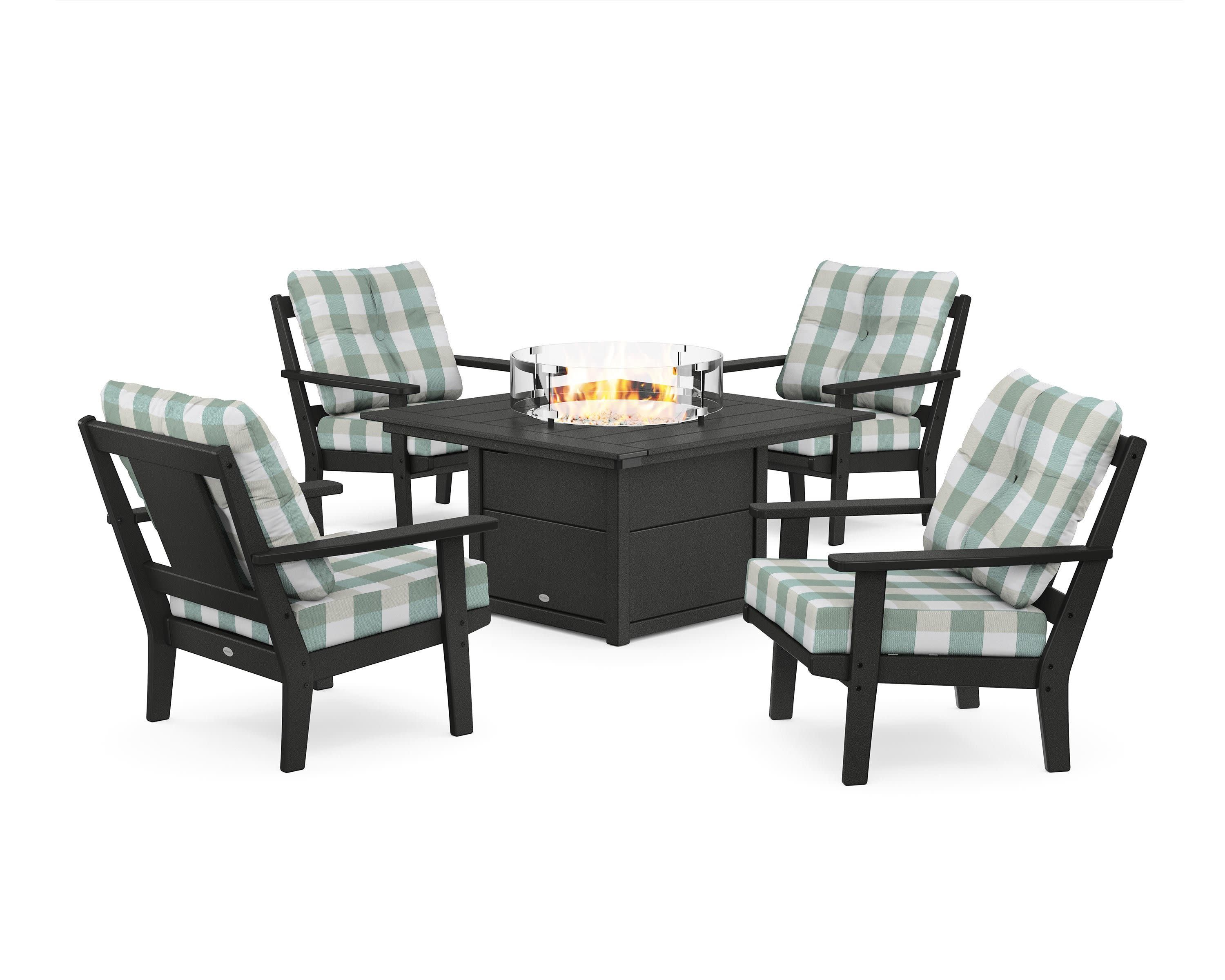 Prairie 5-Piece Deep Seating Set with Fire Pit Table in Black / Buffalo Plaid Glacier Spa