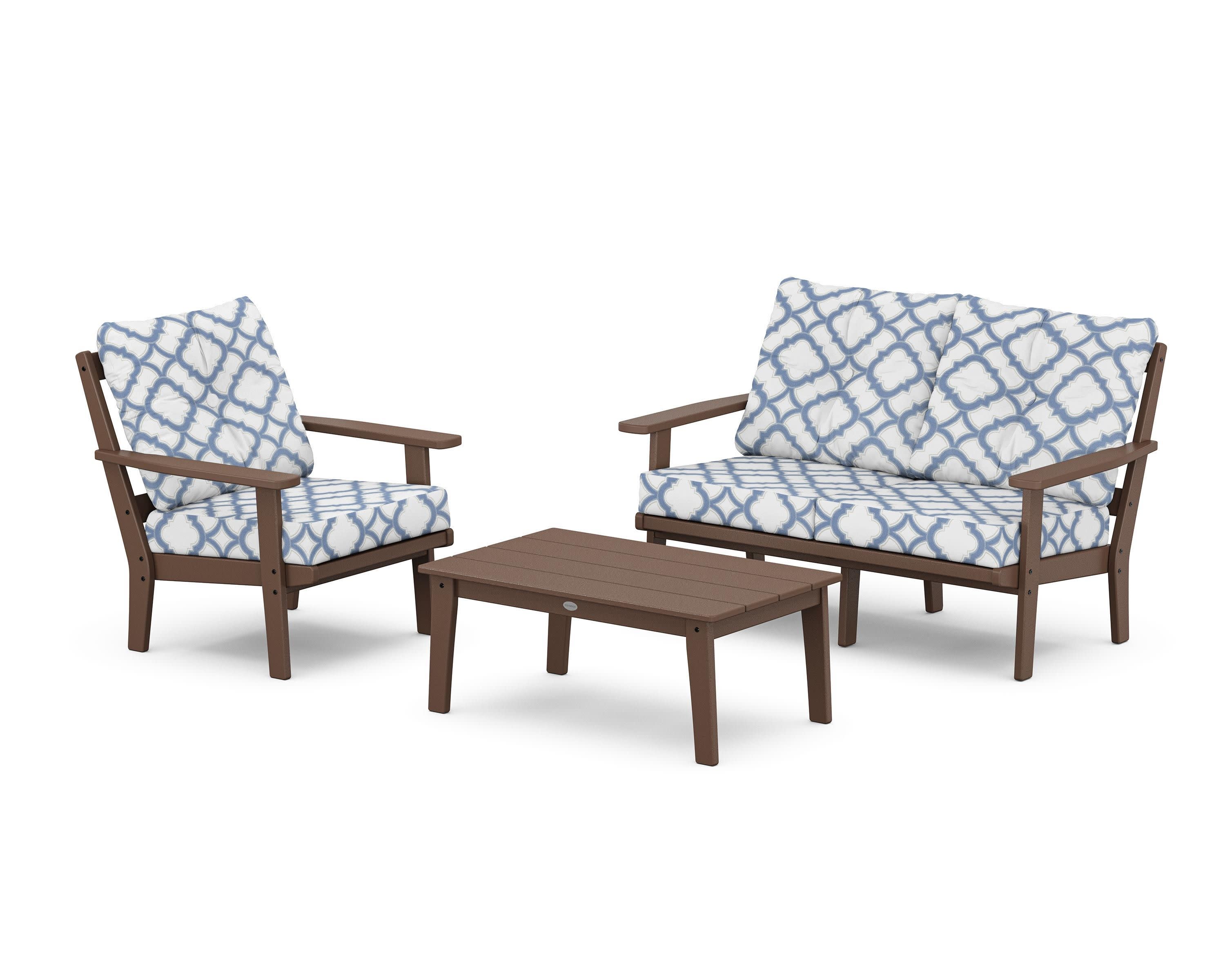 Prairie 3-Piece Deep Seating Set with Loveseat in Mahogany / Trellis Sky Blue