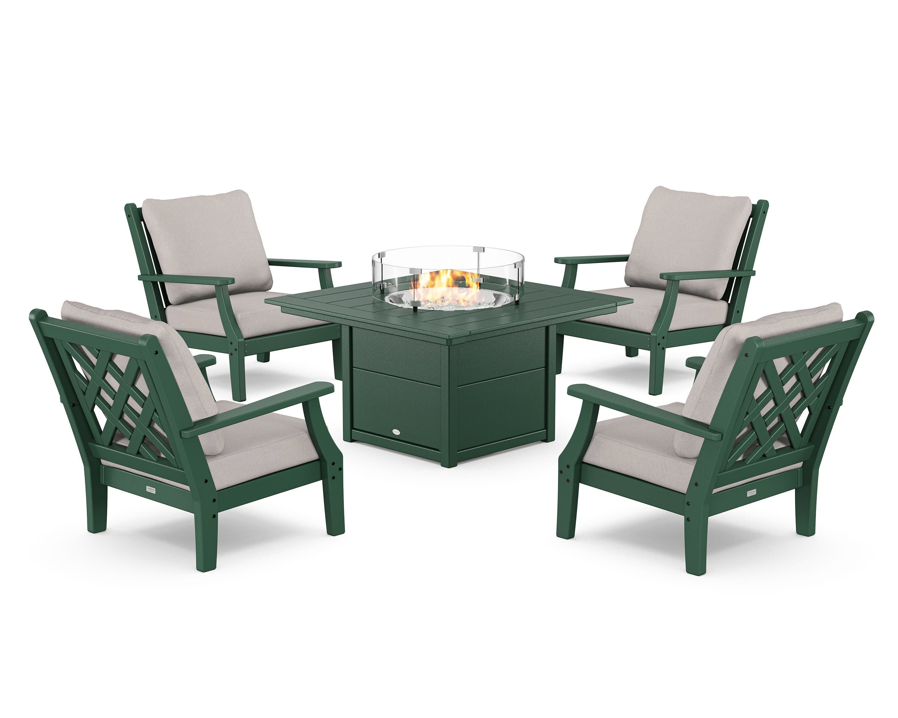 Wovendale 5-Piece Deep Seating Set with Fire Pit Table in Green / Dune Burlap