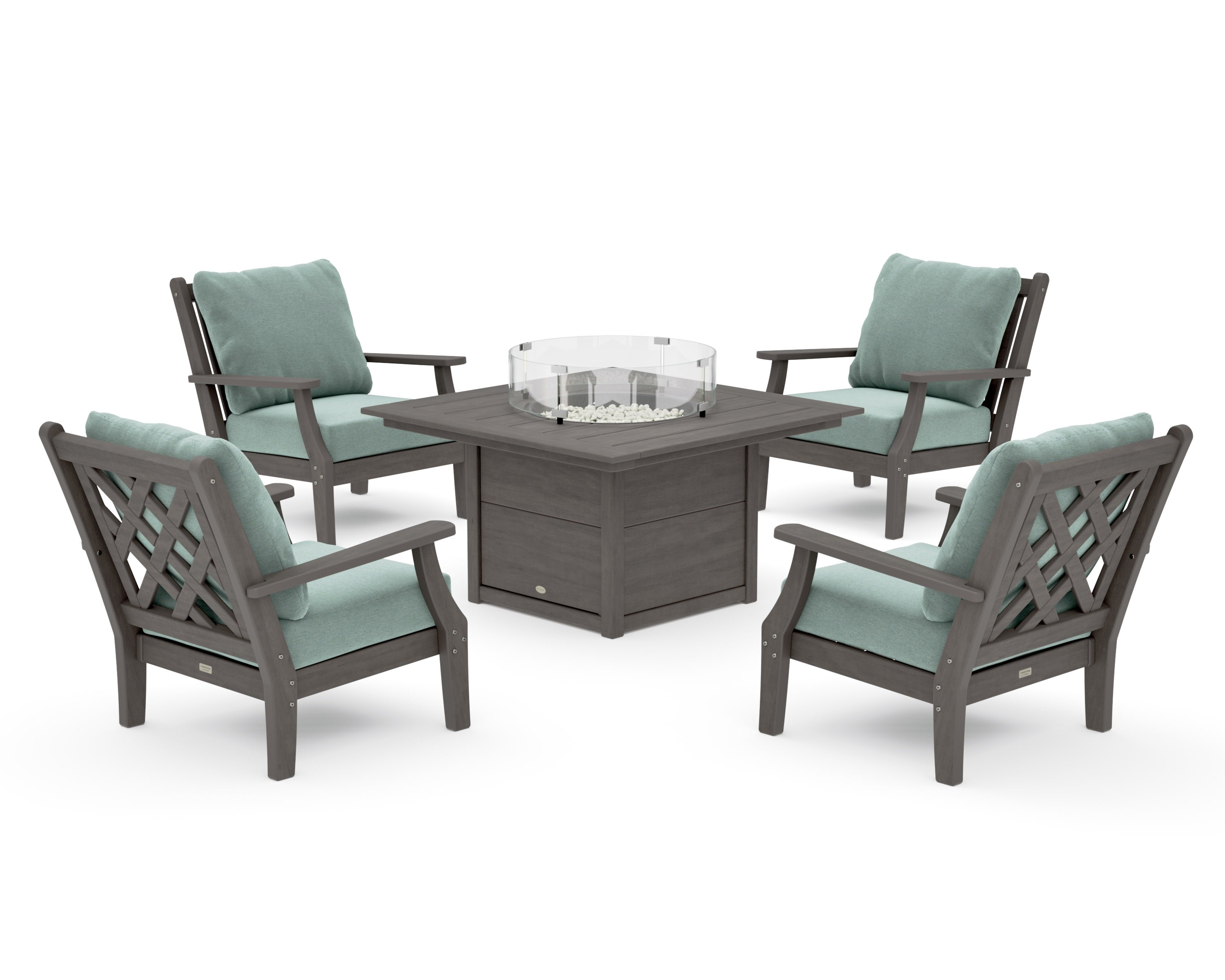 Wovendale 5-Piece Deep Seating Set with Fire Pit Table in Driftwood / Glacier Spa