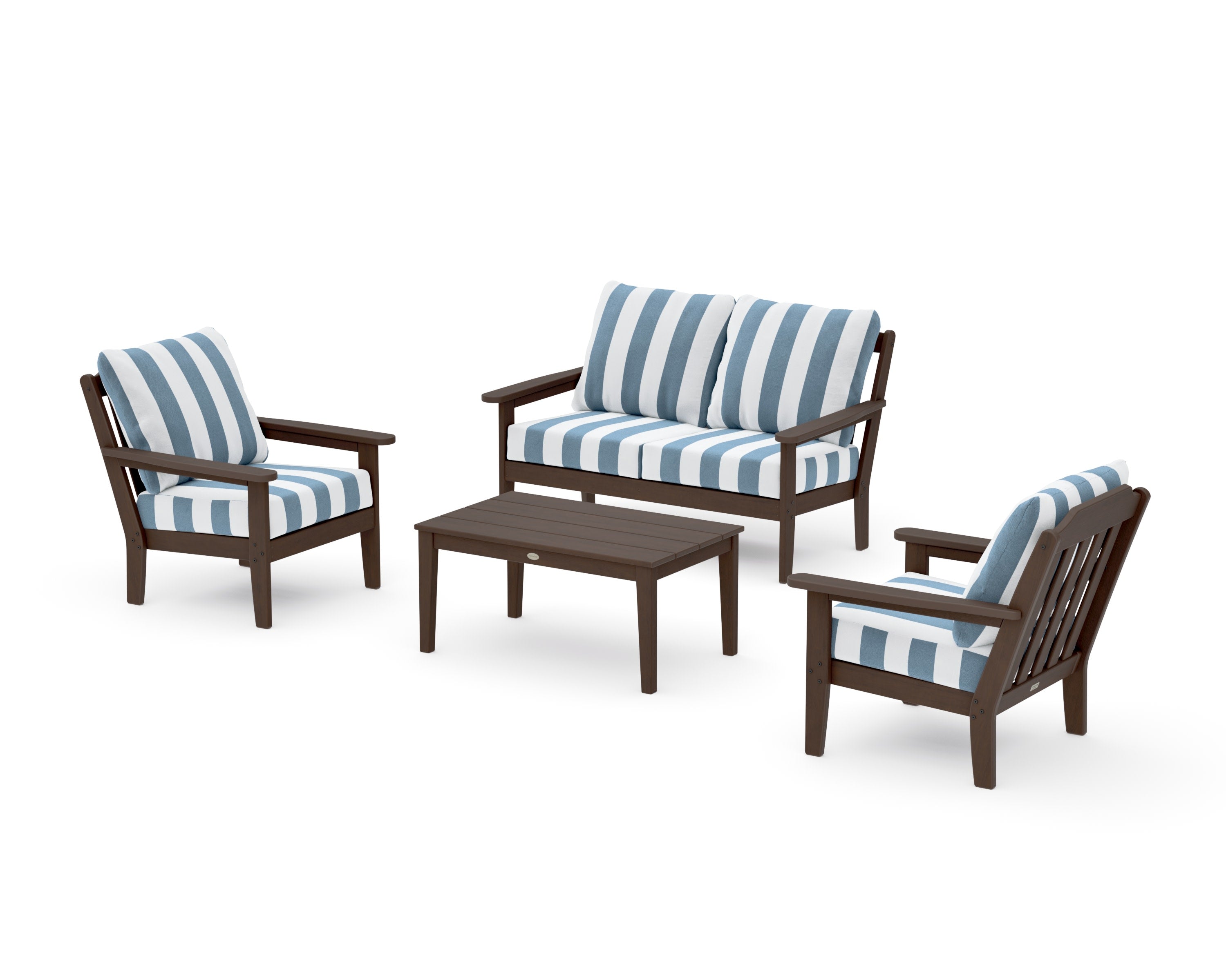 Cottage 4-Piece Deep Seating Set with Loveseat in Kona / Cabana Stripe Sky Blue