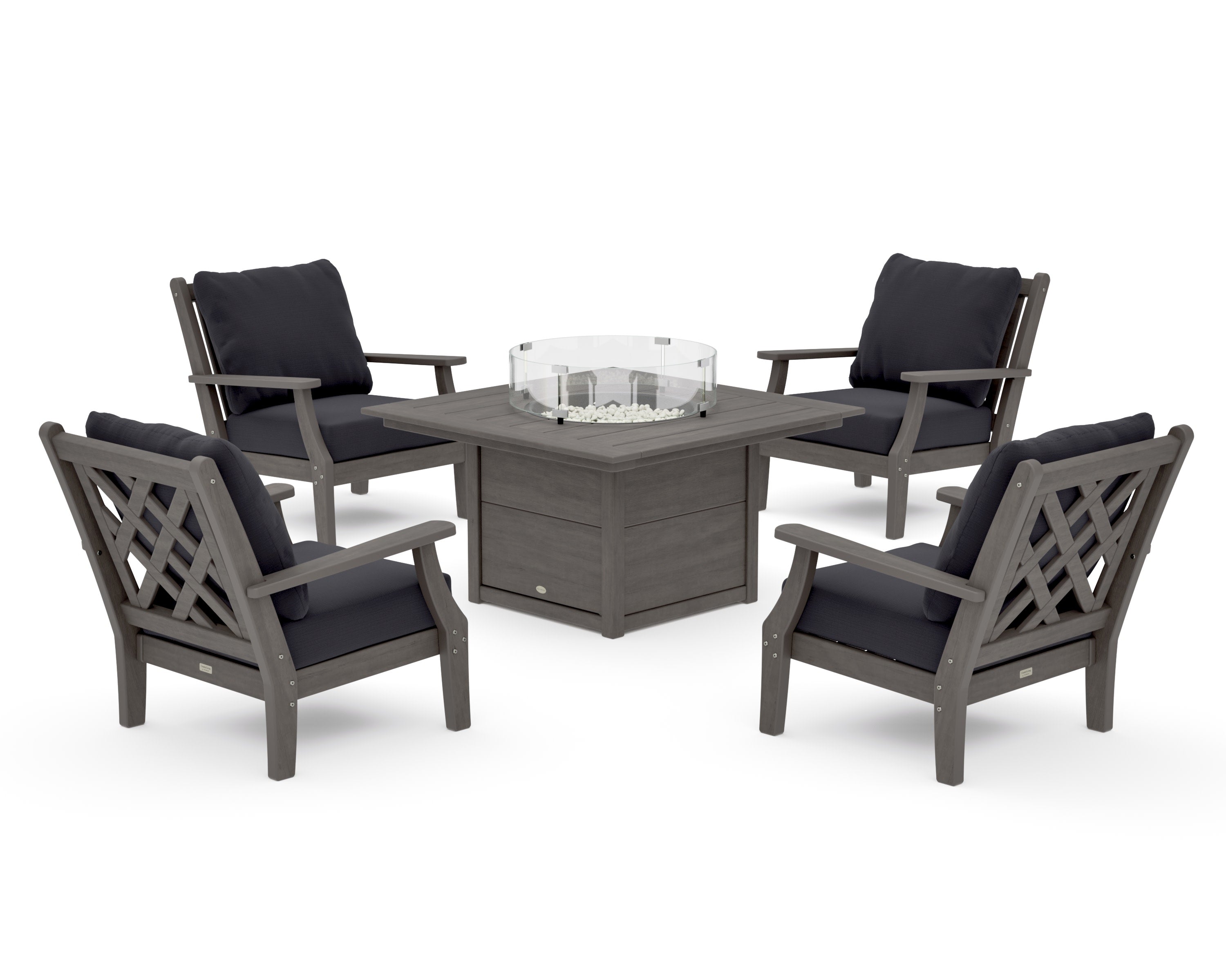 Wovendale 5-Piece Deep Seating Set with Fire Pit Table in Driftwood / Midnight Linen