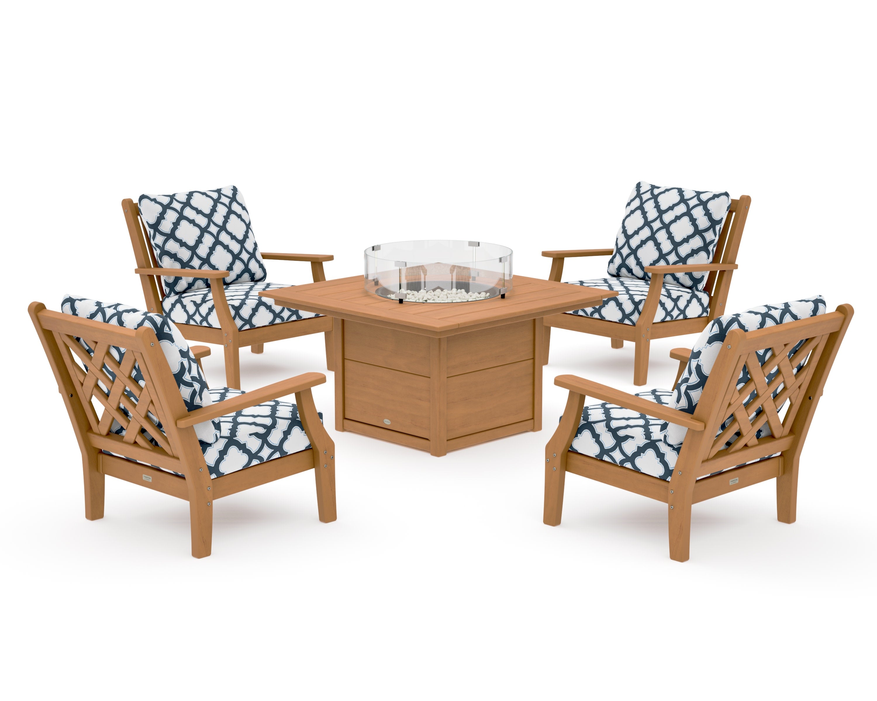 Wovendale 5-Piece Deep Seating Set with Fire Pit Table in Natural / Trellis Marine Indigo