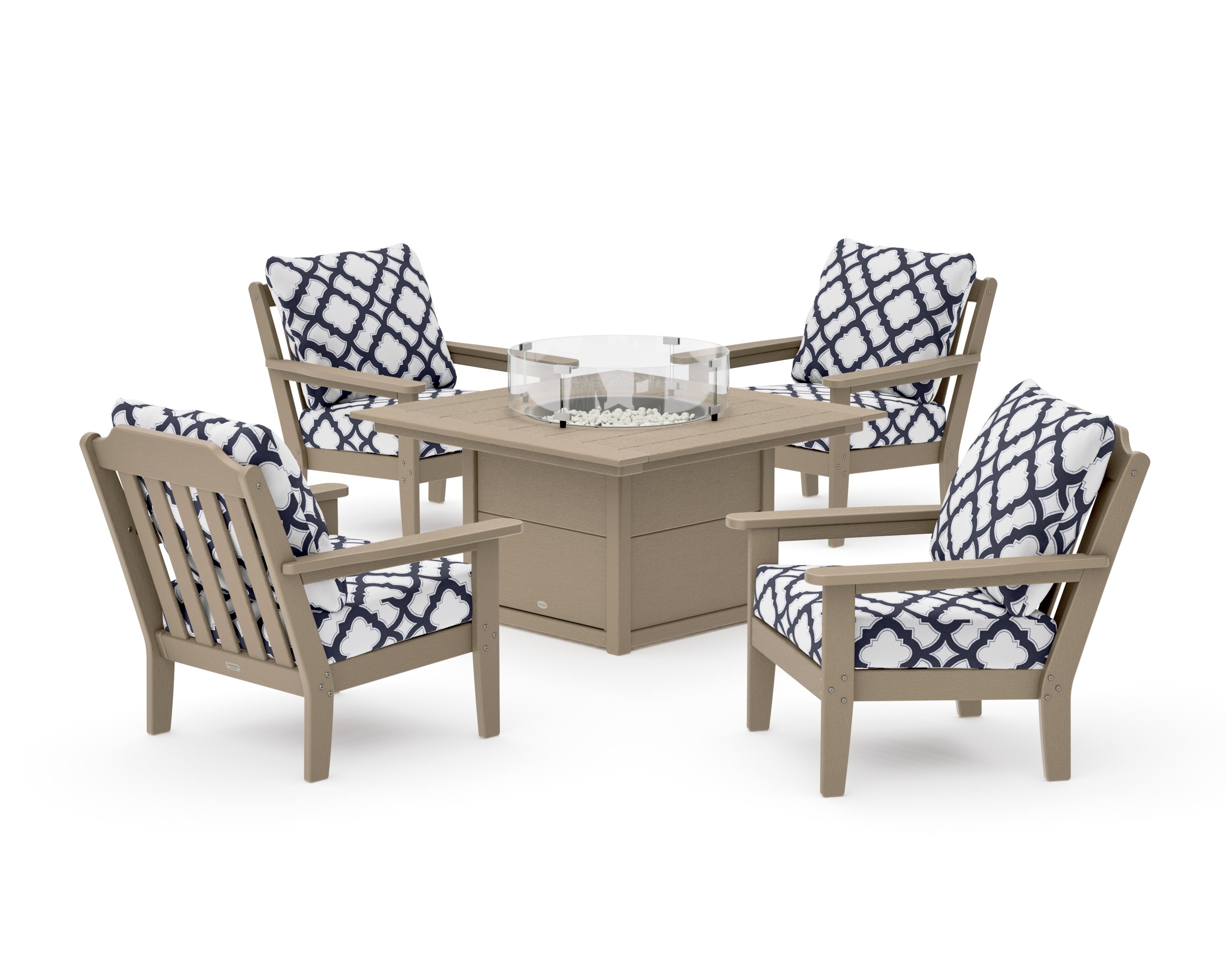 Cottage 5-Piece Deep Seating Set with Fire Pit Table in Vintage Sahara / Trellis Navy