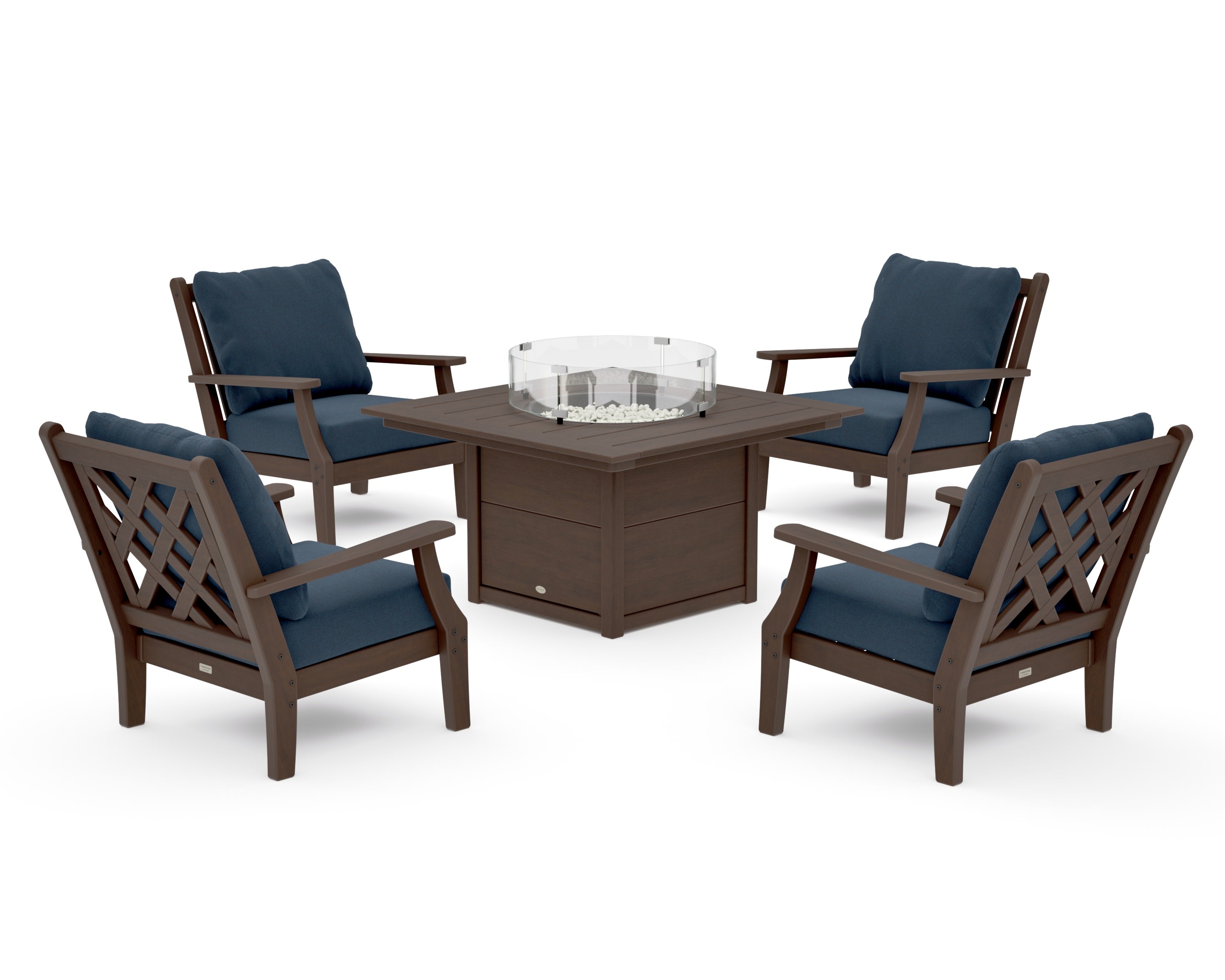 Wovendale 5-Piece Deep Seating Set with Fire Pit Table in Kona / Marine Indigo