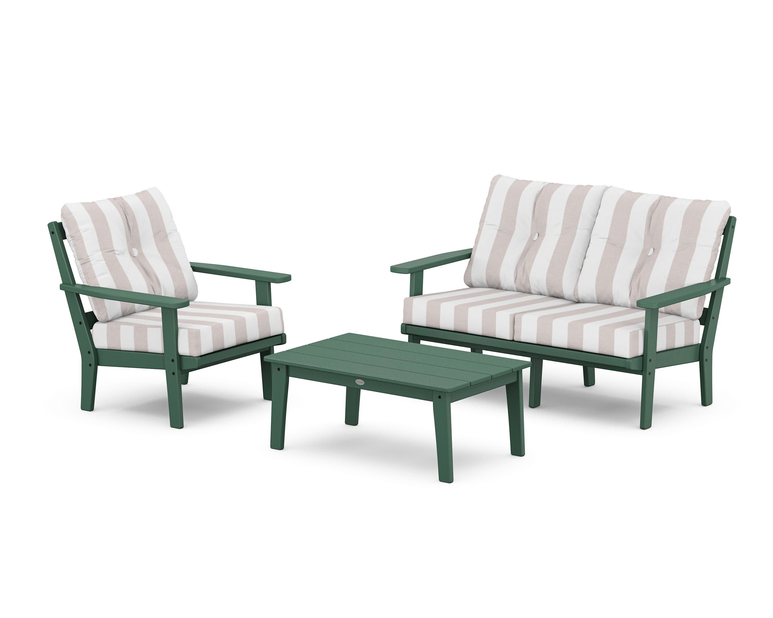 Prairie 3-Piece Deep Seating Set with Loveseat in Green / Cabana Stripe Dune Burlap