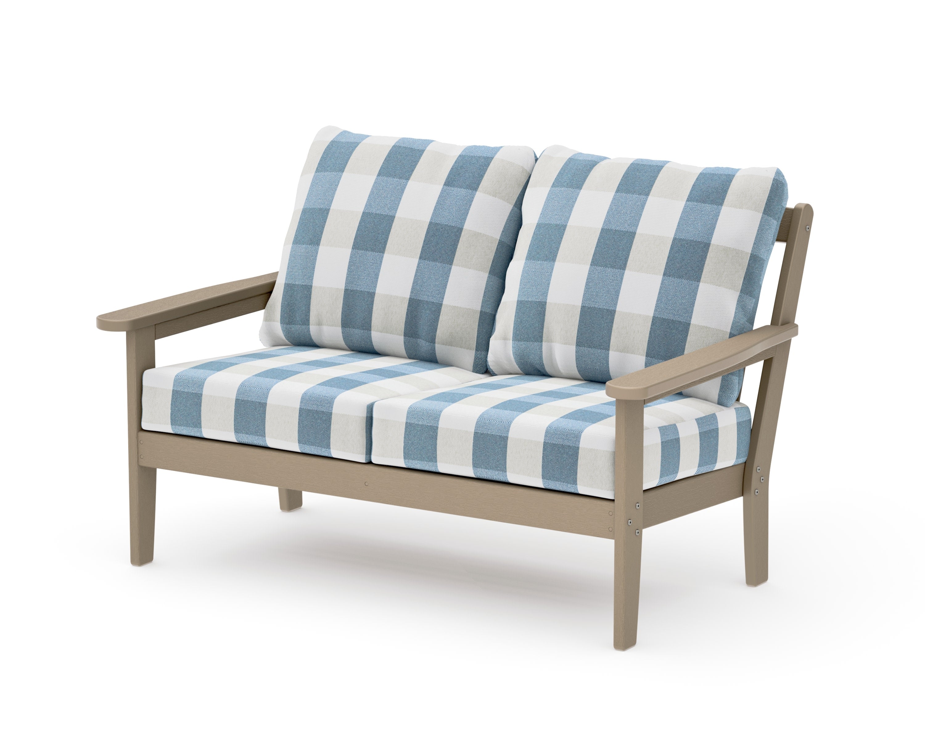 Cottage Deep Seating Loveseat in Vintage Sahara / Buffalo Plaid Sky Blue