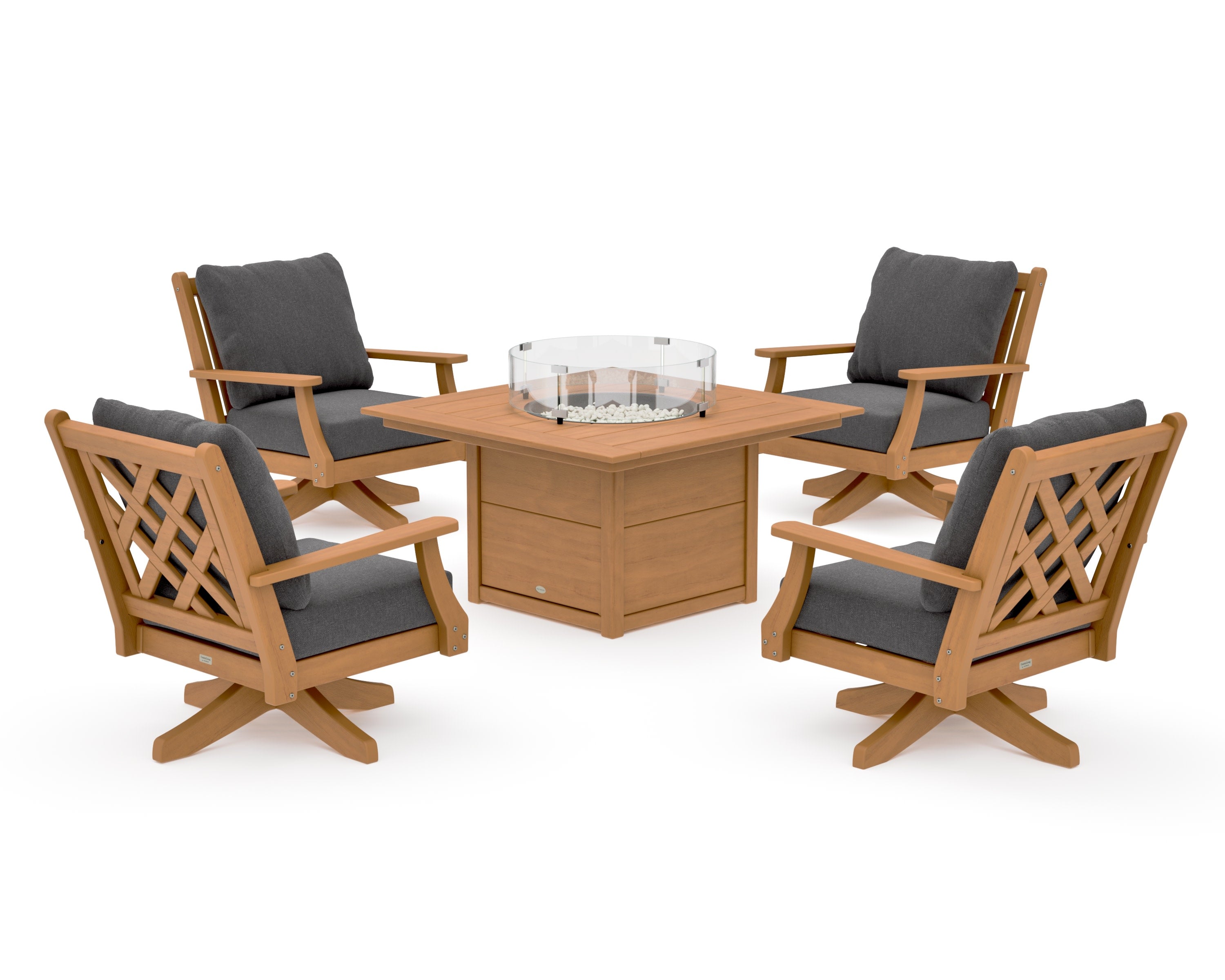 Wovendale 5-Piece Deep Seating Swivel Conversation Set with Fire Pit Table in Natural / Ash Charcoal