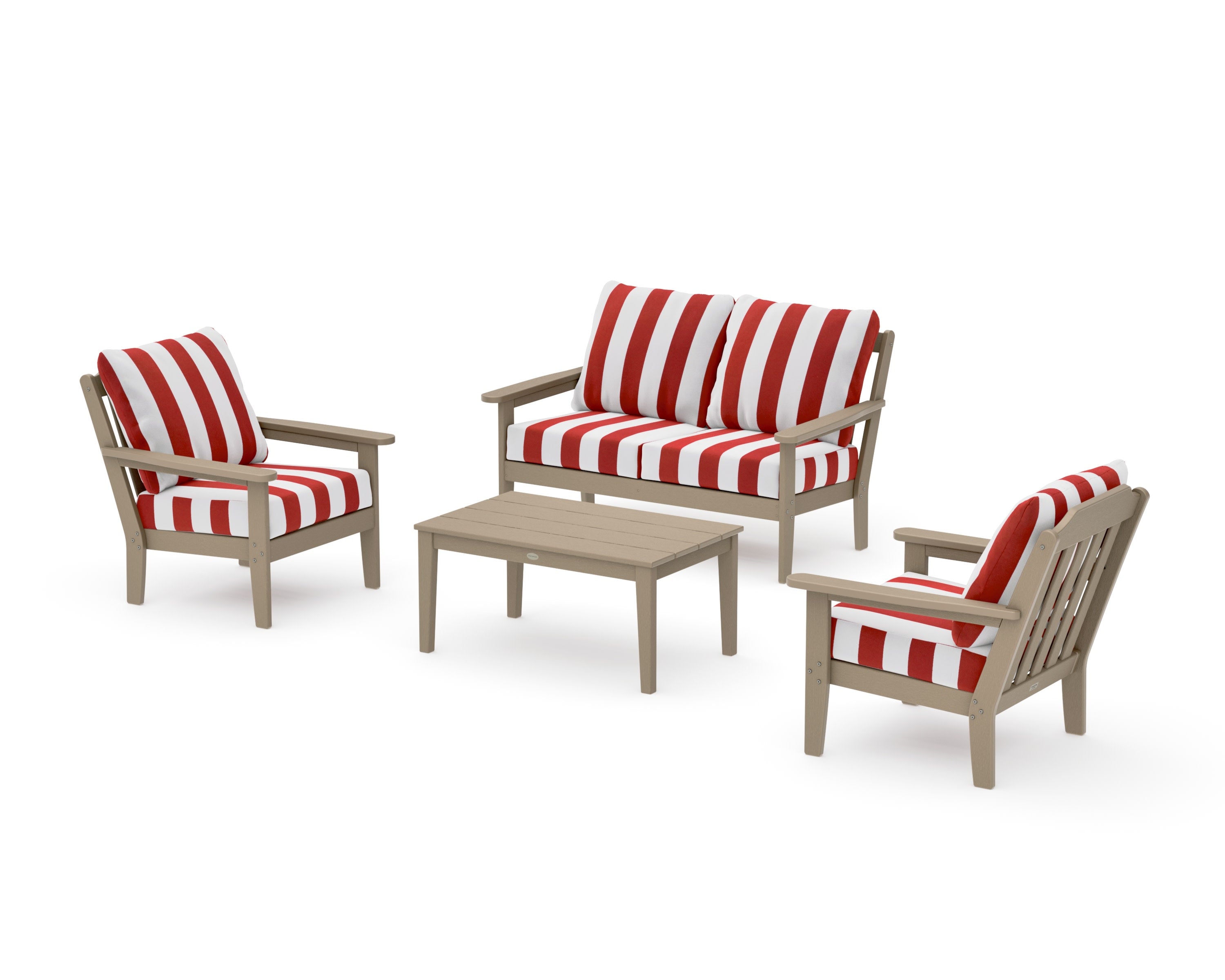 Cottage 4-Piece Deep Seating Set with Loveseat in Vintage Sahara / Cabana Stripe Crimson