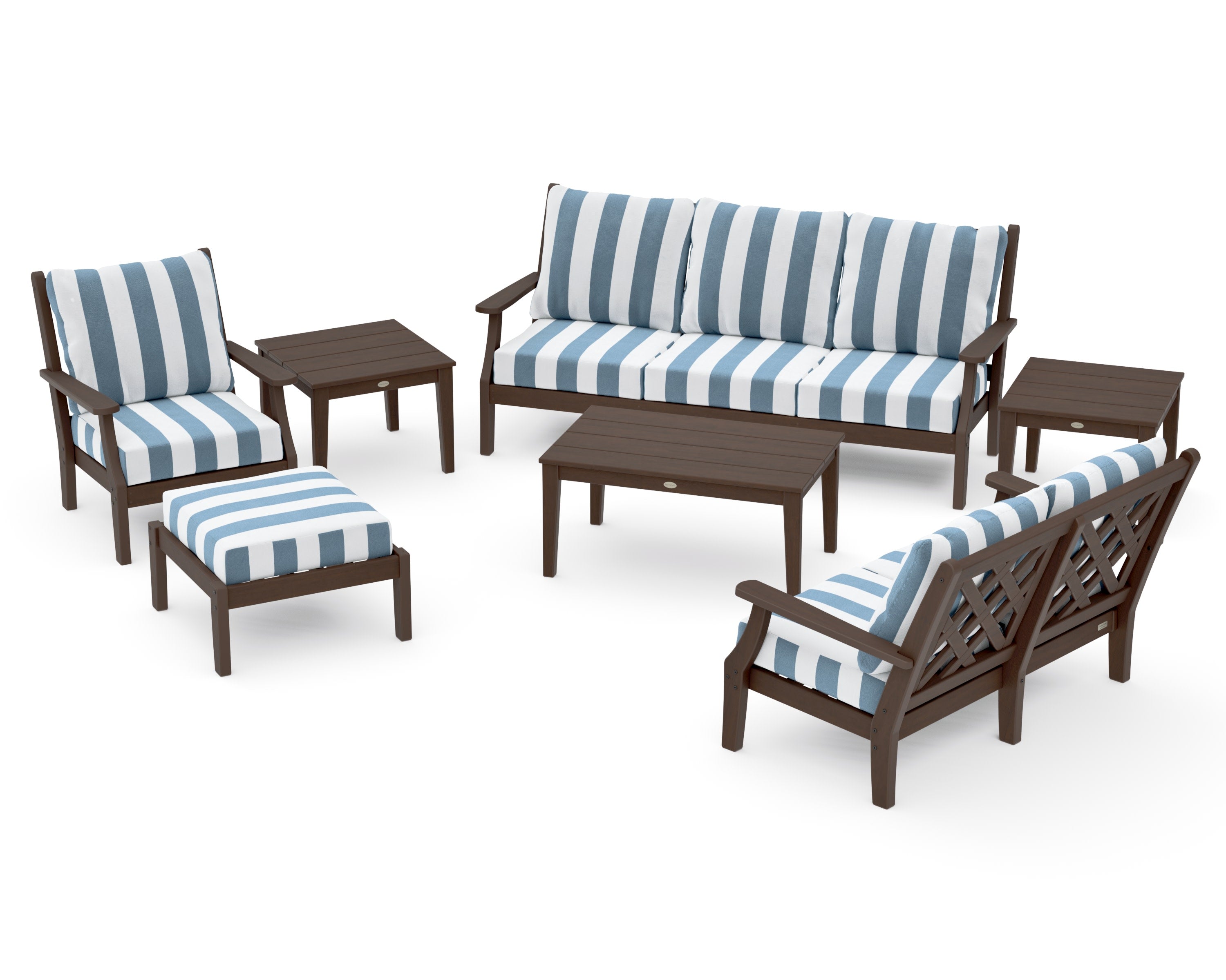 Wovendale 7-Piece Deep Seating Set in Kona / Cabana Stripe Sky Blue