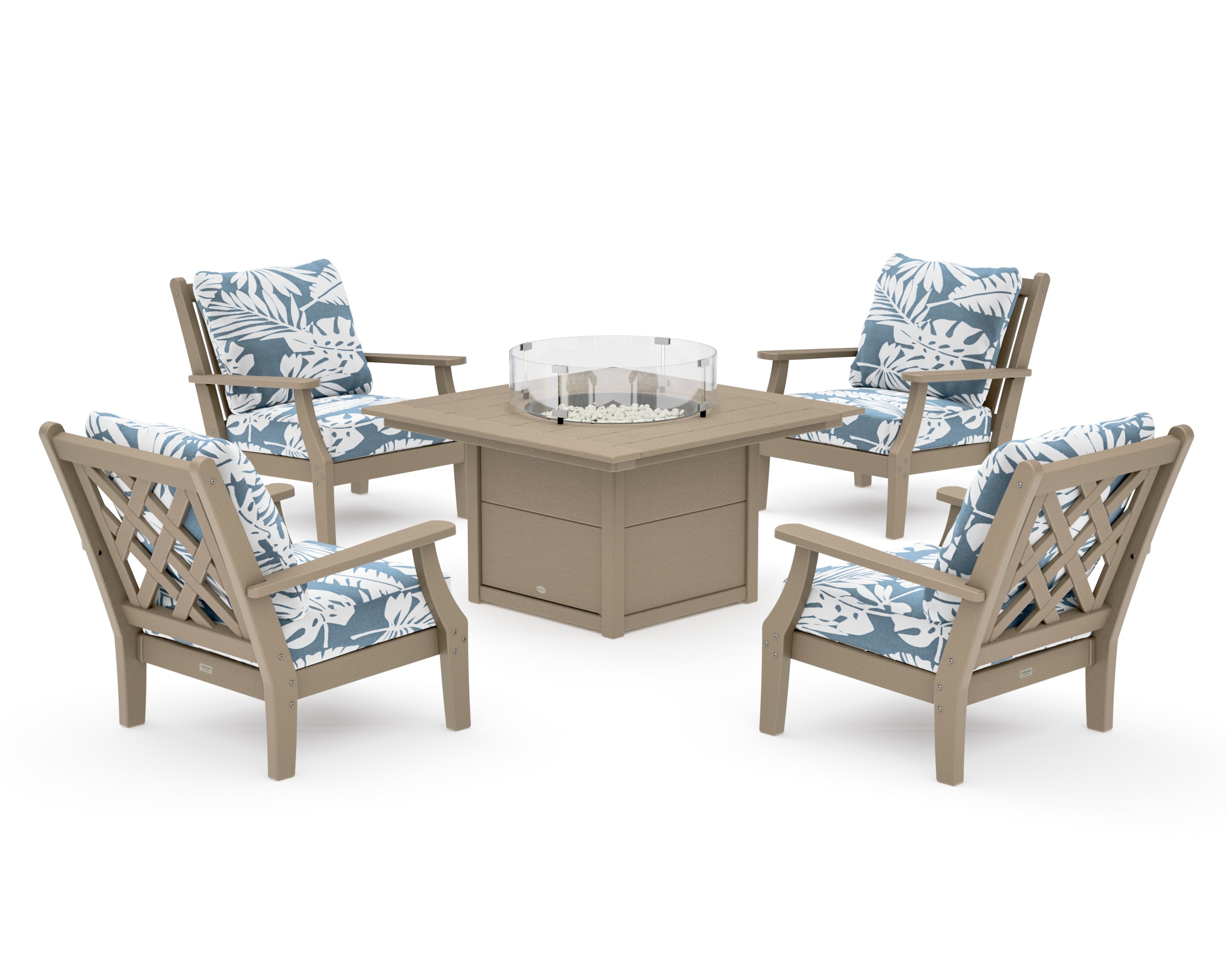 Wovendale 5-Piece Deep Seating Set with Fire Pit Table in Vintage Sahara / Leaf Sky Blue
