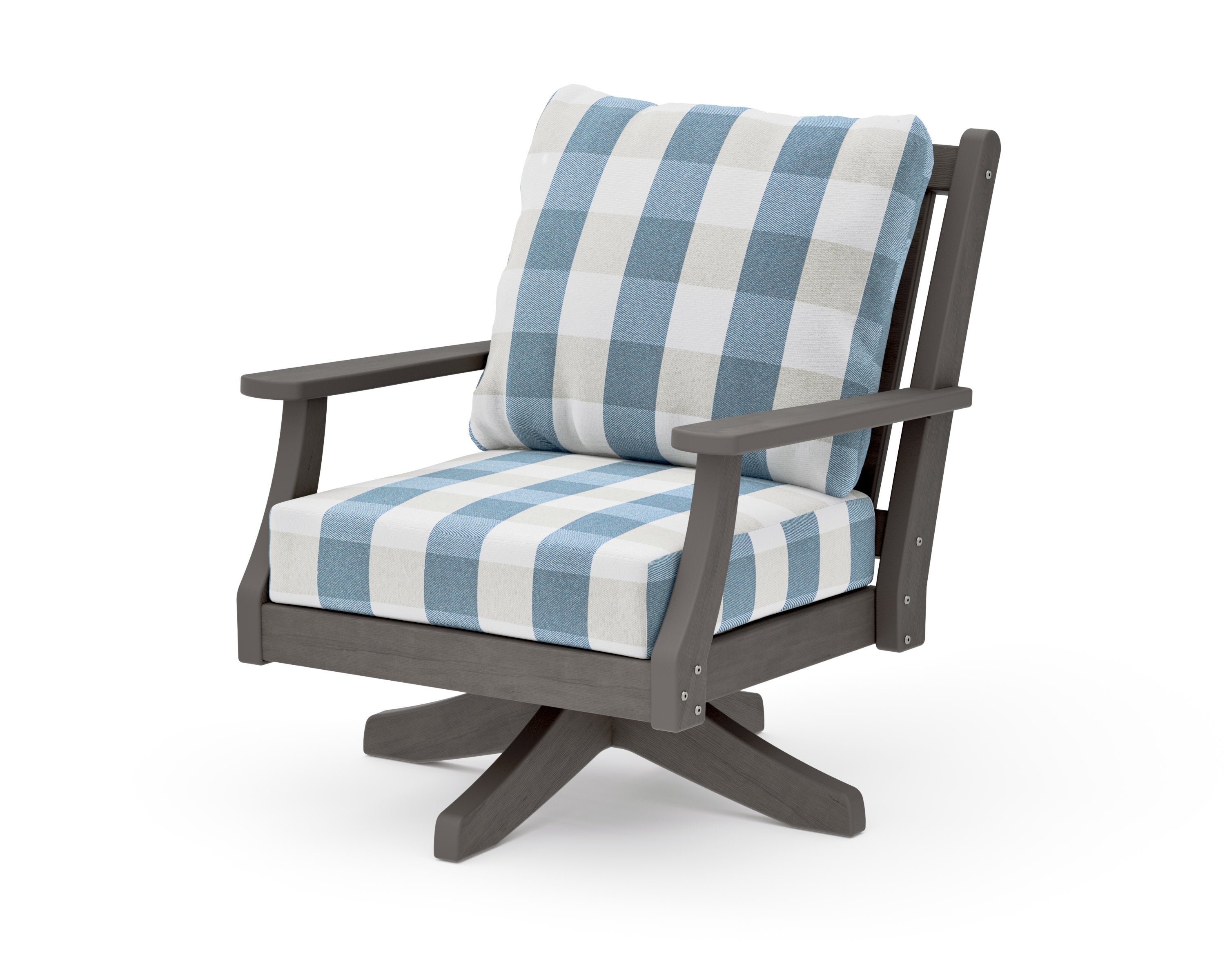 Wovendale Deep Seating Swivel Chair in Driftwood / Buffalo Plaid Sky Blue
