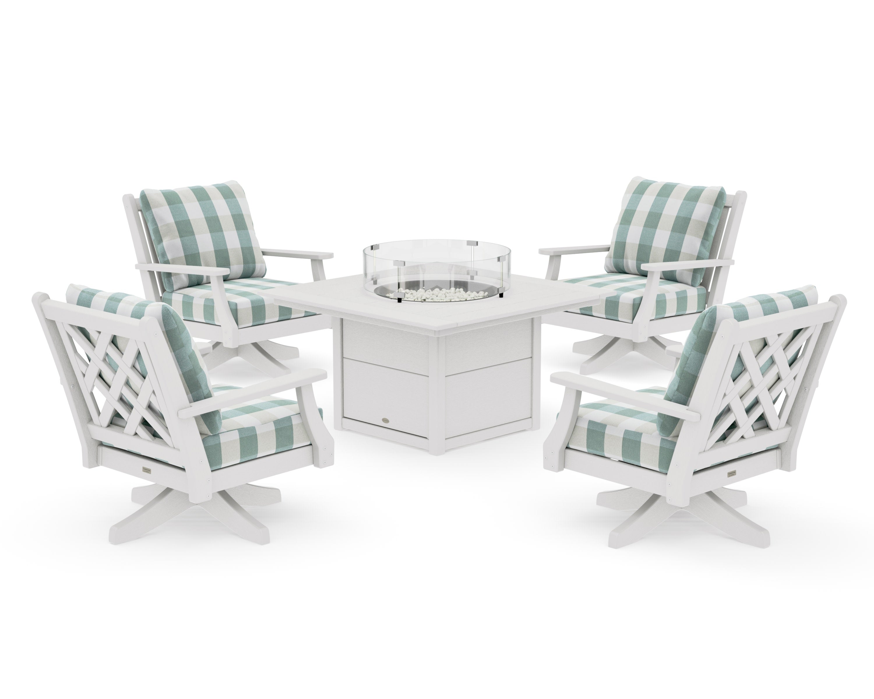 Wovendale 5-Piece Deep Seating Swivel Conversation Set with Fire Pit Table in Vintage White / Buffalo Plaid Glacier Spa