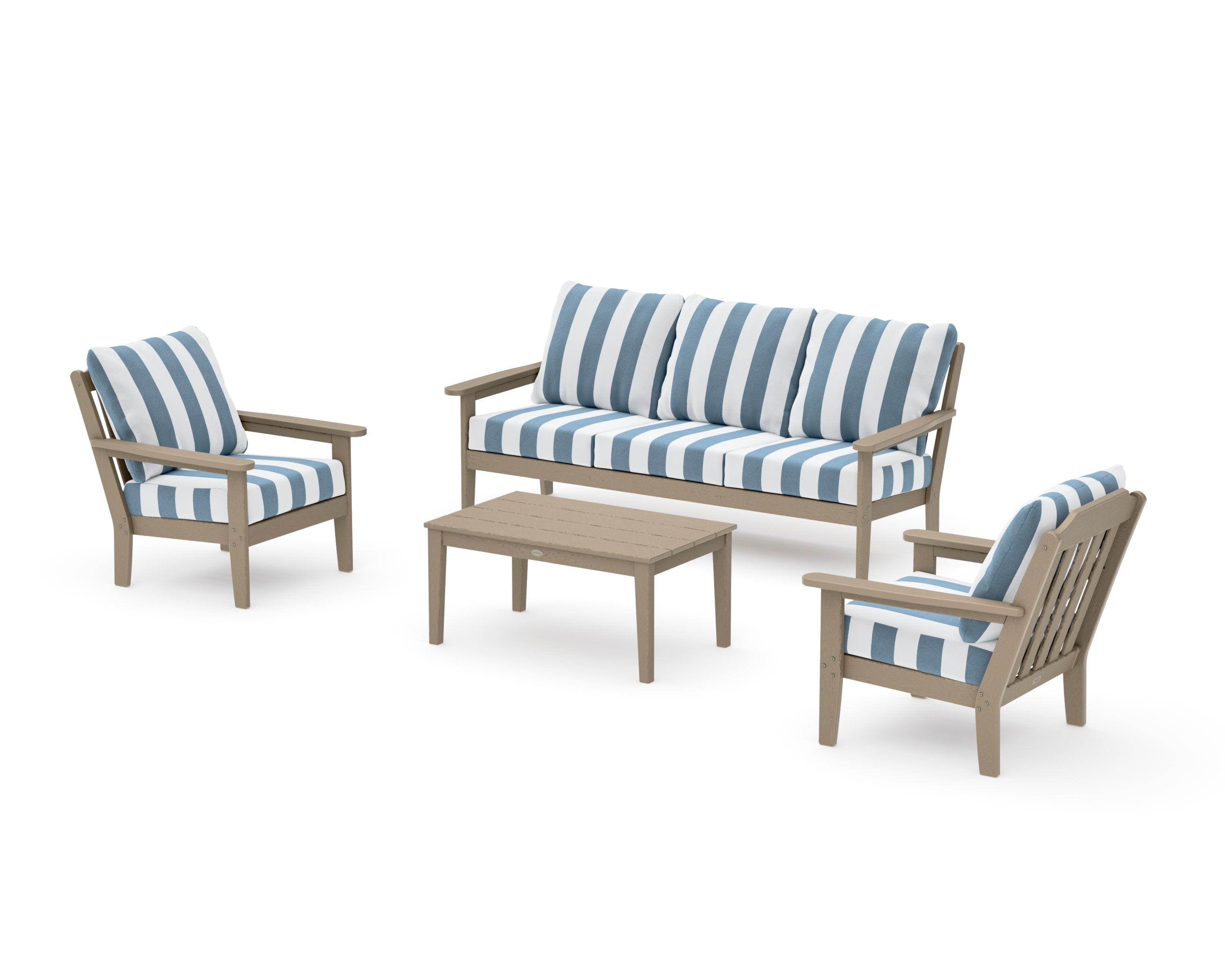 Cottage 4-Piece Deep Seating Set with Sofa in Vintage Sahara / Cabana Stripe Sky Blue