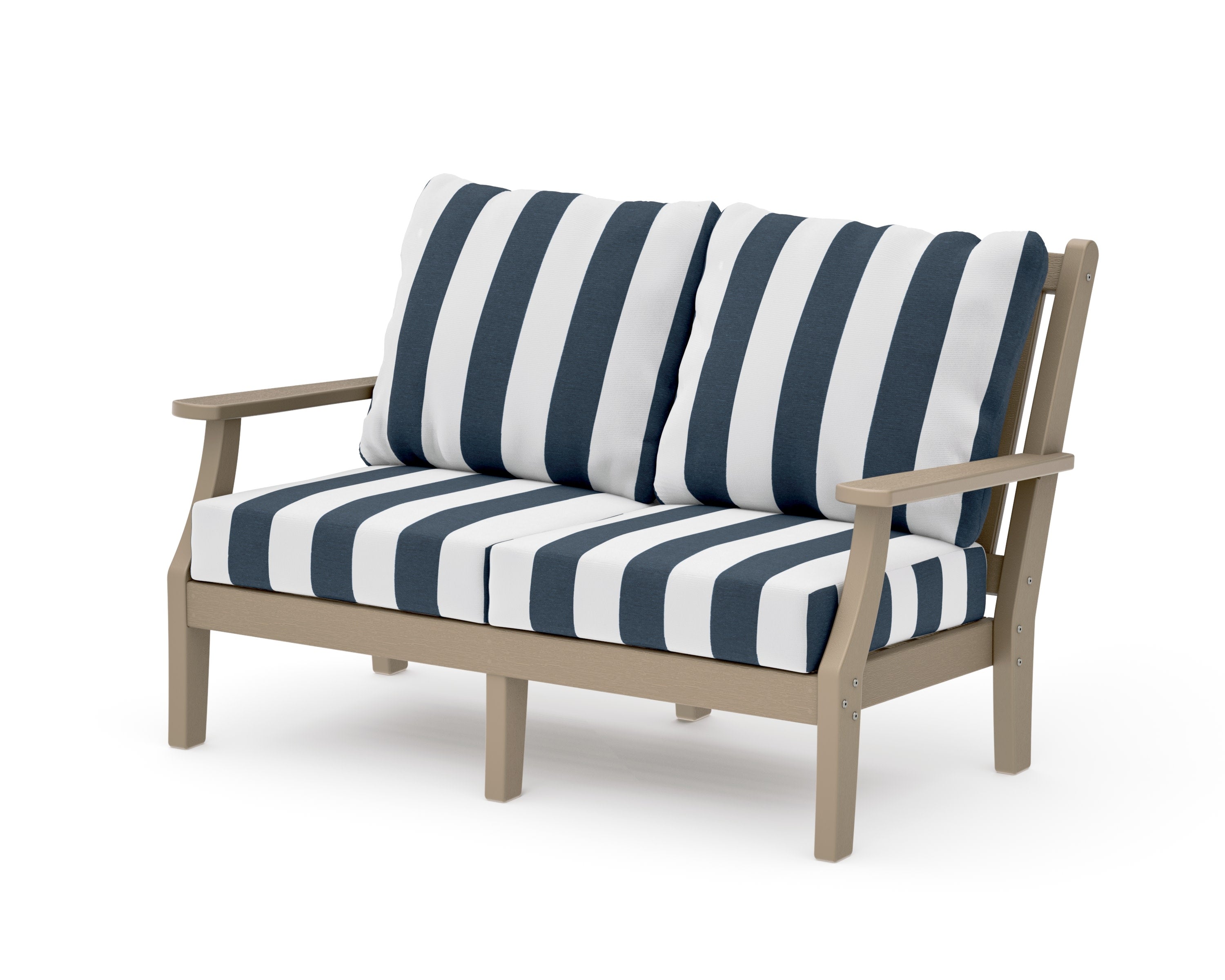 Wovendale Deep Seating Loveseat in Vintage Sahara / Cabana Stripe Marine Indigo