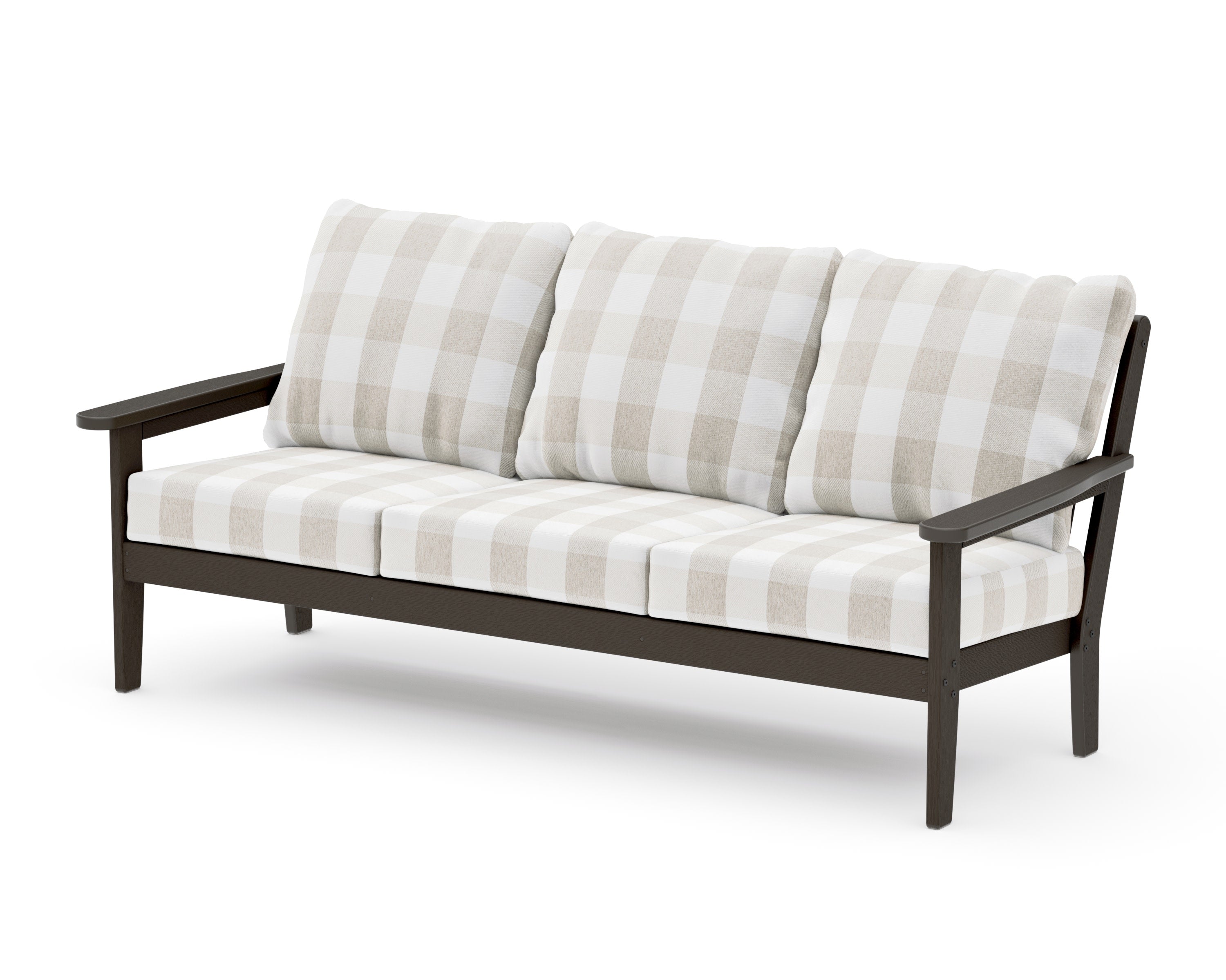 Cottage Deep Seating Sofa in Vintage Coffee / Buffalo Plaid Dune Burlap