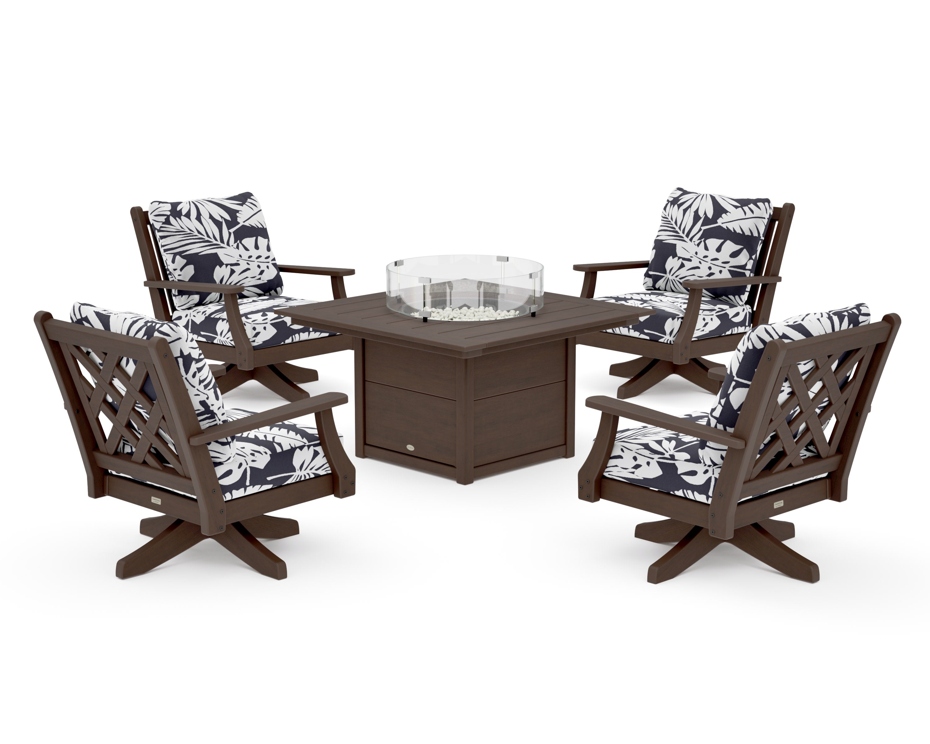 Wovendale 5-Piece Deep Seating Swivel Conversation Set with Fire Pit Table in Kona / Leaf Navy