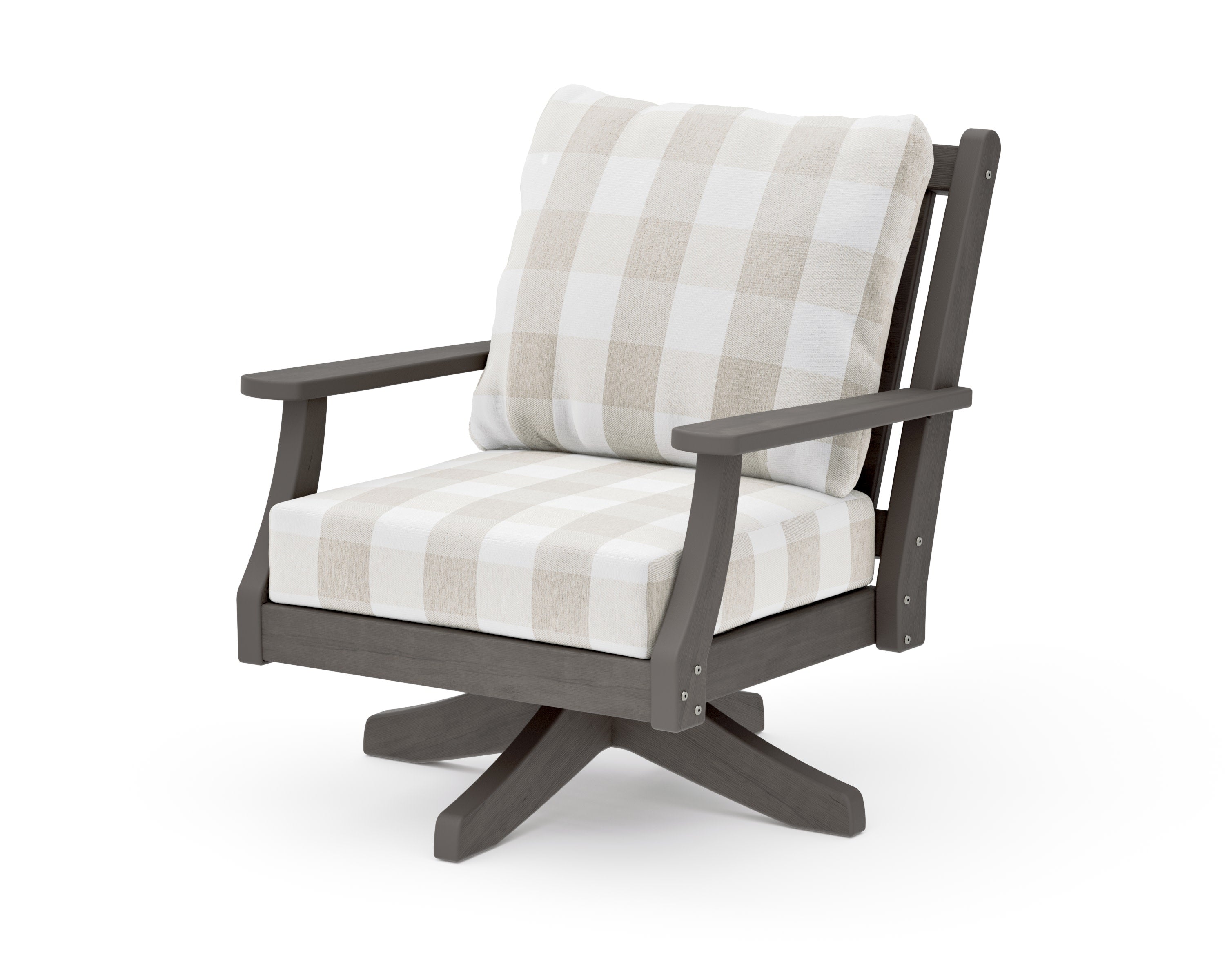 Wovendale Deep Seating Swivel Chair in Driftwood / Buffalo Plaid Dune Burlap