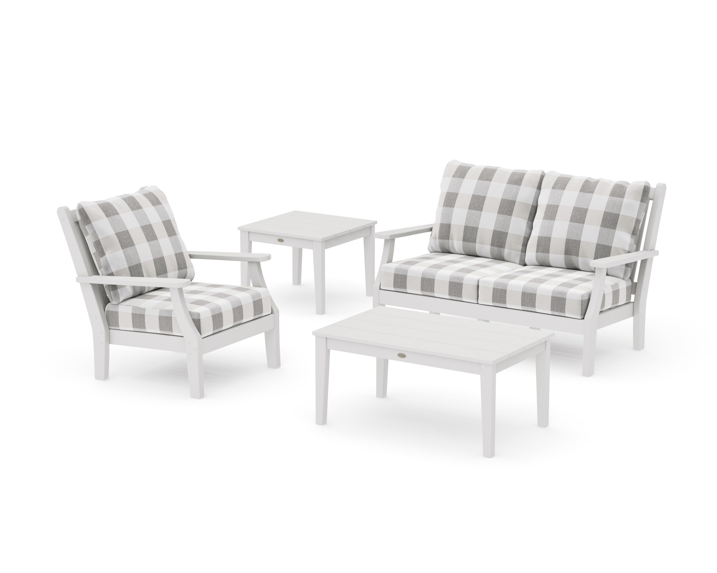 Wovendale 4-Piece Deep Seating Set in Vintage White / Buffalo Plaid Grey Mist