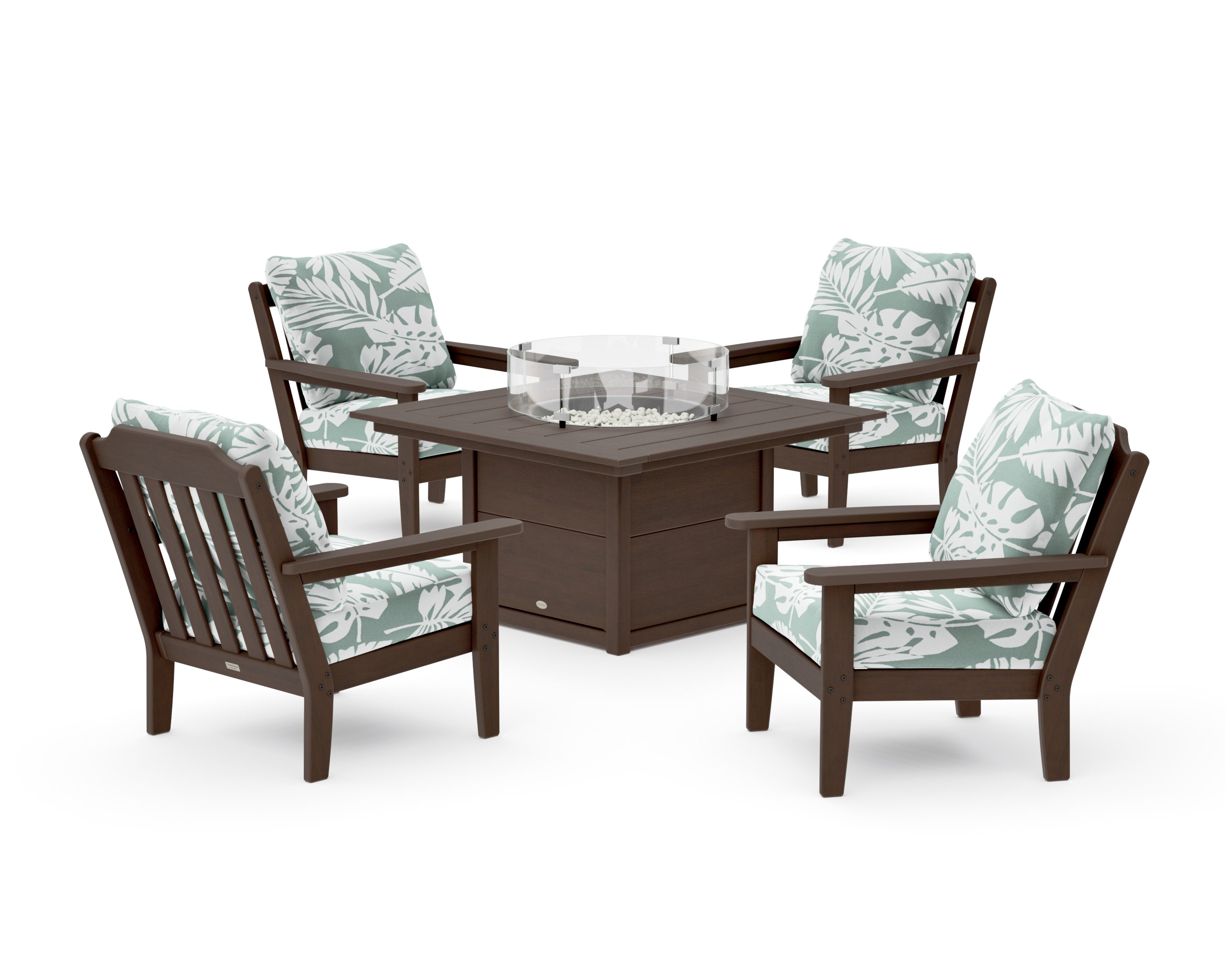 Cottage 5-Piece Deep Seating Set with Fire Pit Table in Kona / Leaf Glacier Spa