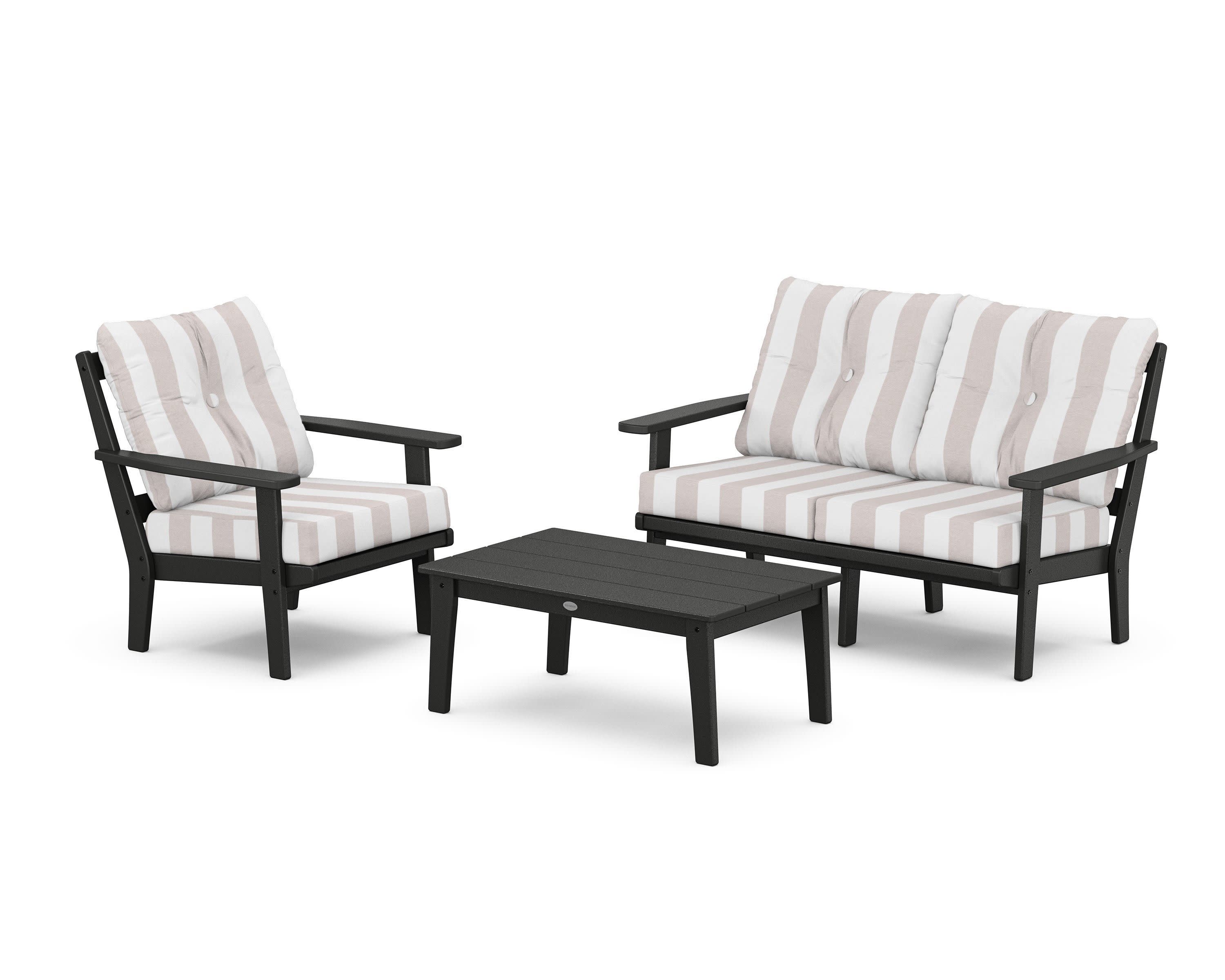 Prairie 3-Piece Deep Seating Set with Loveseat in Black / Cabana Stripe Dune Burlap