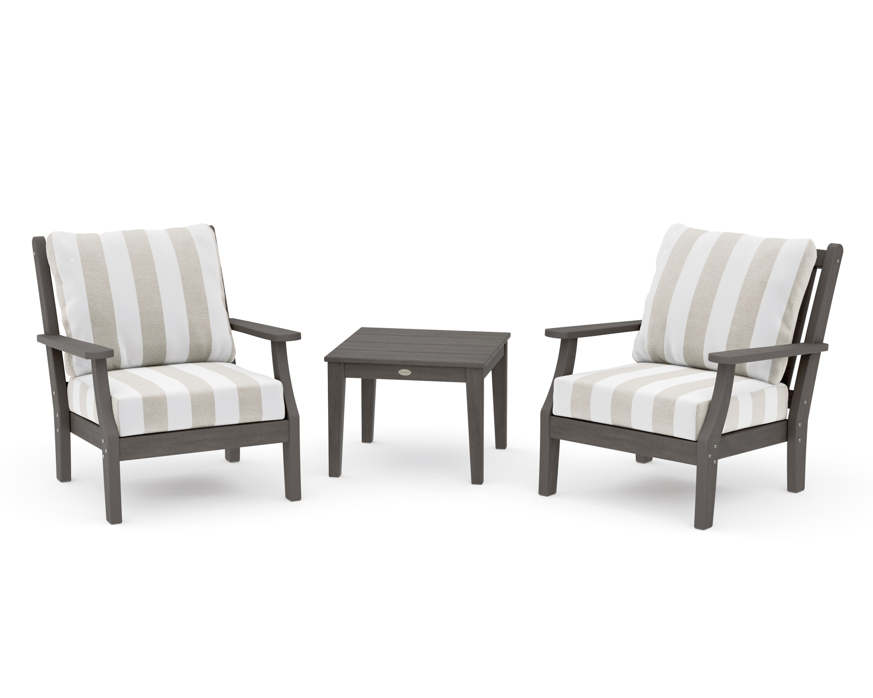 Wovendale 3-Piece Deep Seating Set in Driftwood / Cabana Stripe Dune Burlap