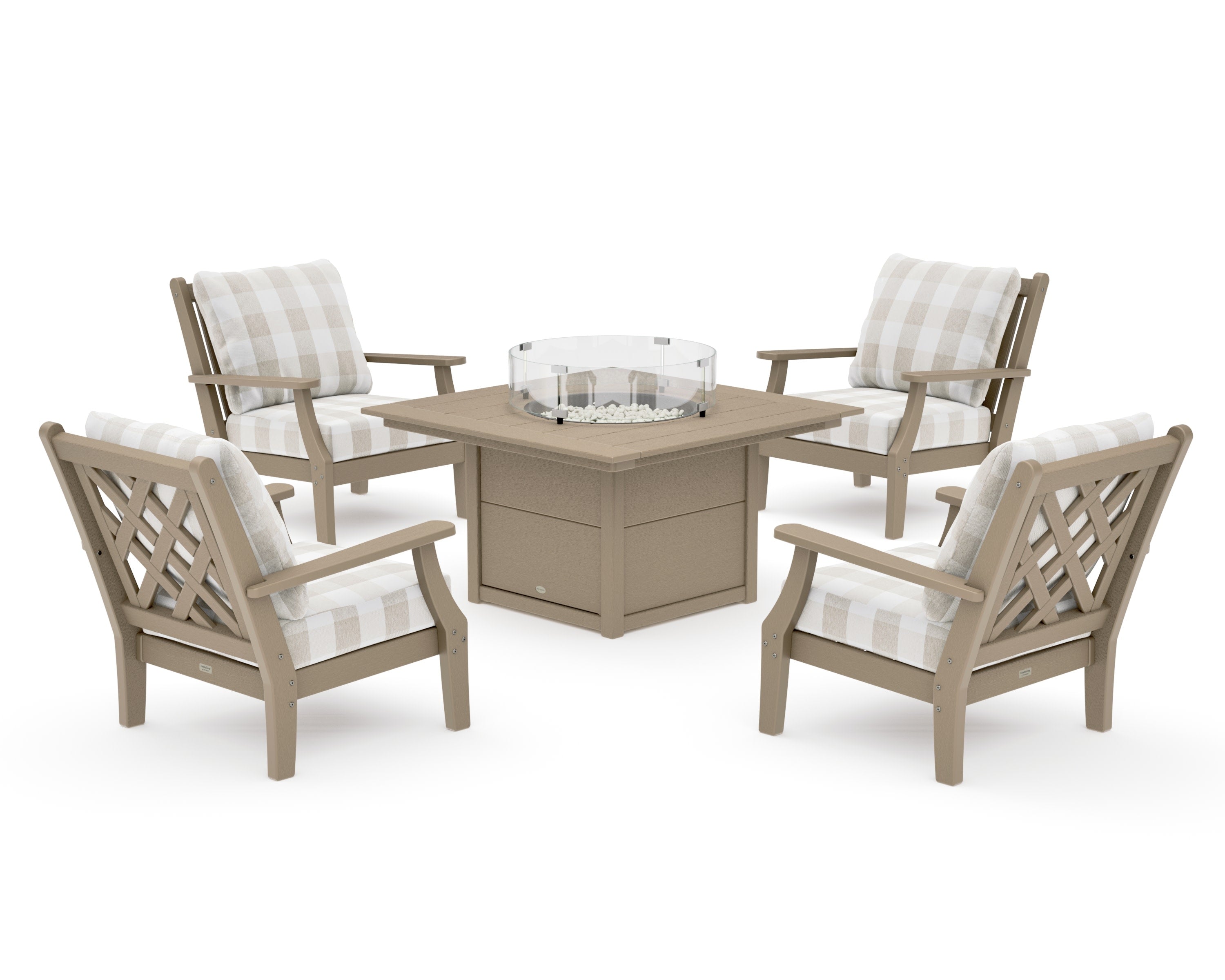 Wovendale 5-Piece Deep Seating Set with Fire Pit Table in Vintage Sahara / Buffalo Plaid Dune Burlap