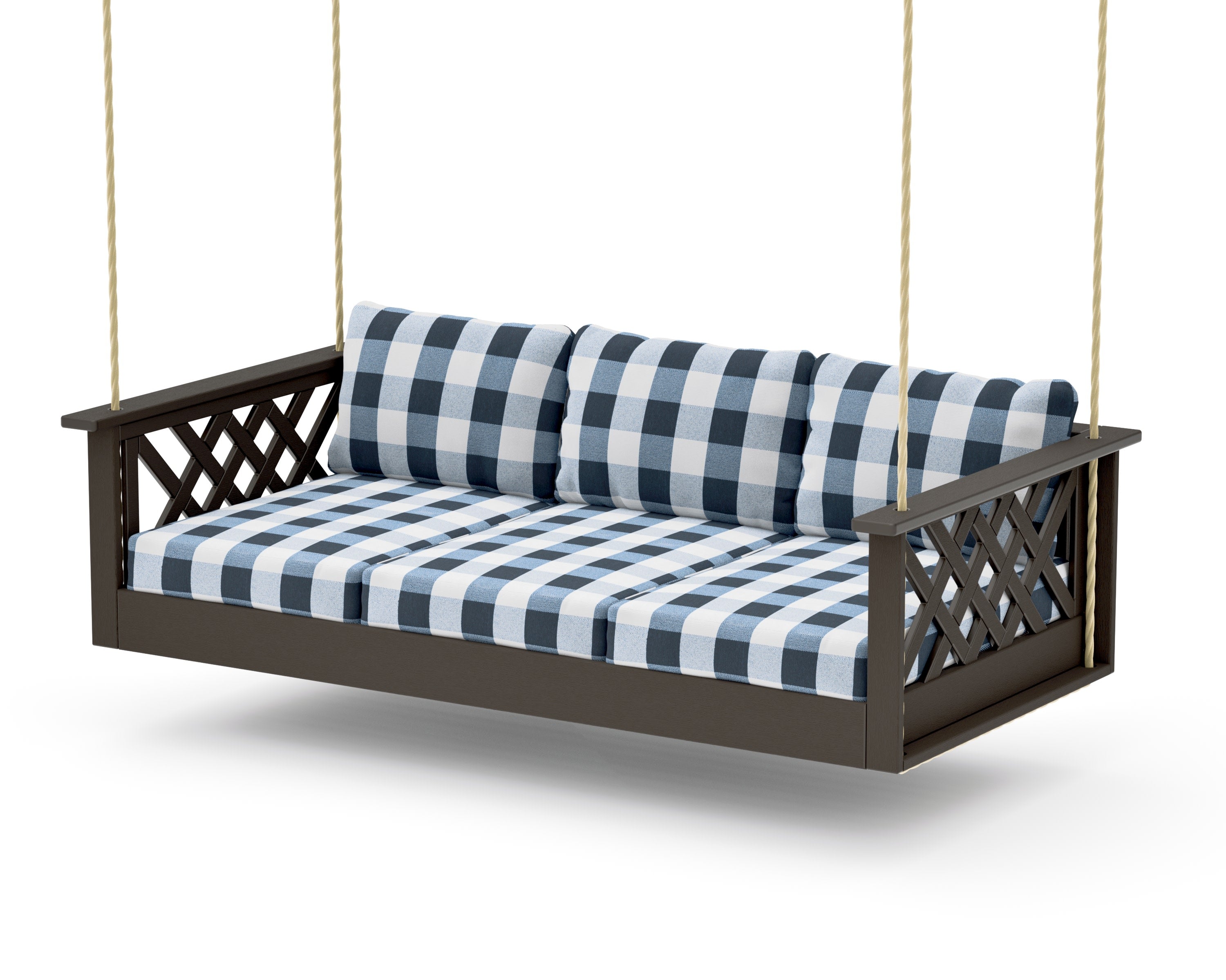 Wovendale Daybed Swing in Vintage Coffee / Buffalo Plaid Marine Indigo