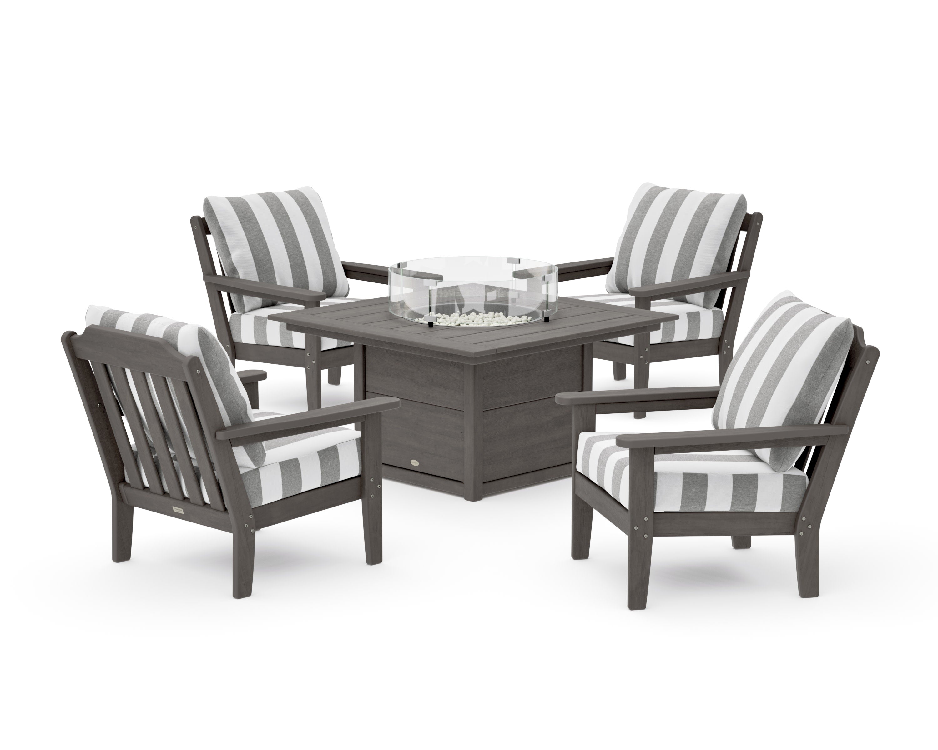 Cottage 5-Piece Deep Seating Set with Fire Pit Table in Driftwood / Cabana Stripe Grey Mist