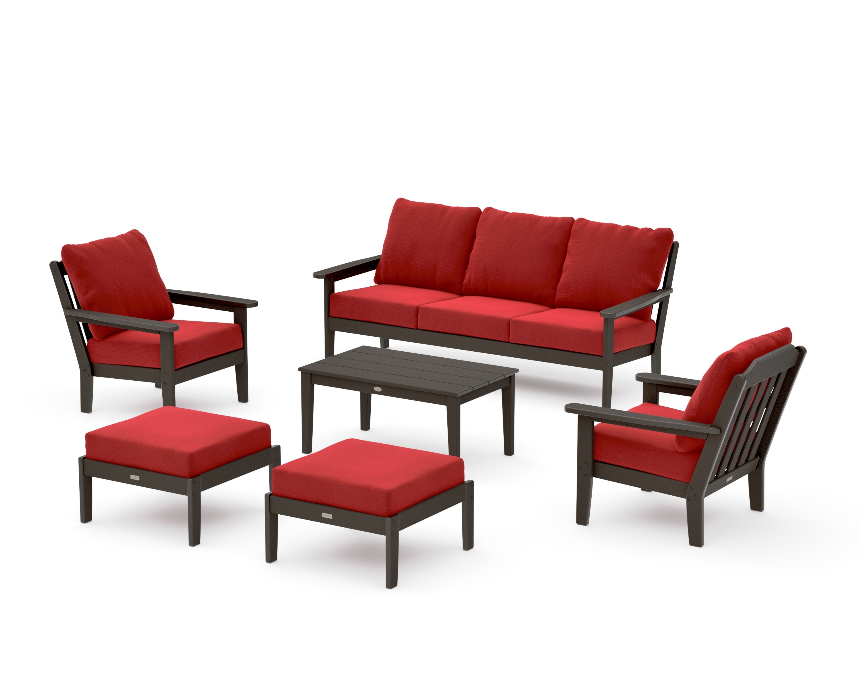 Cottage 6-Piece Lounge Sofa Set in Vintage Coffee / Crimson Linen
