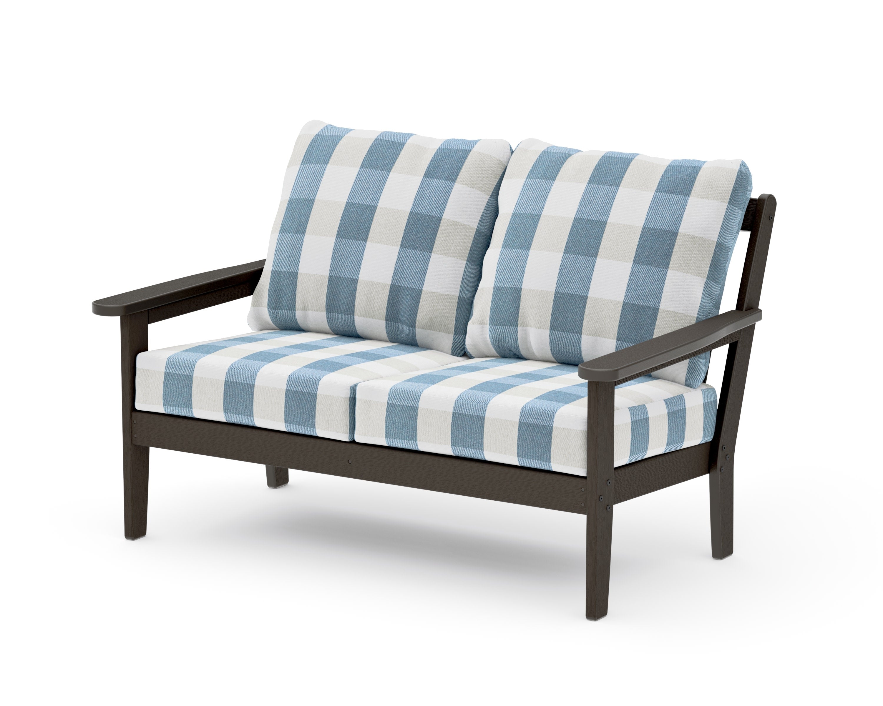 Cottage Deep Seating Loveseat in Vintage Coffee / Buffalo Plaid Sky Blue