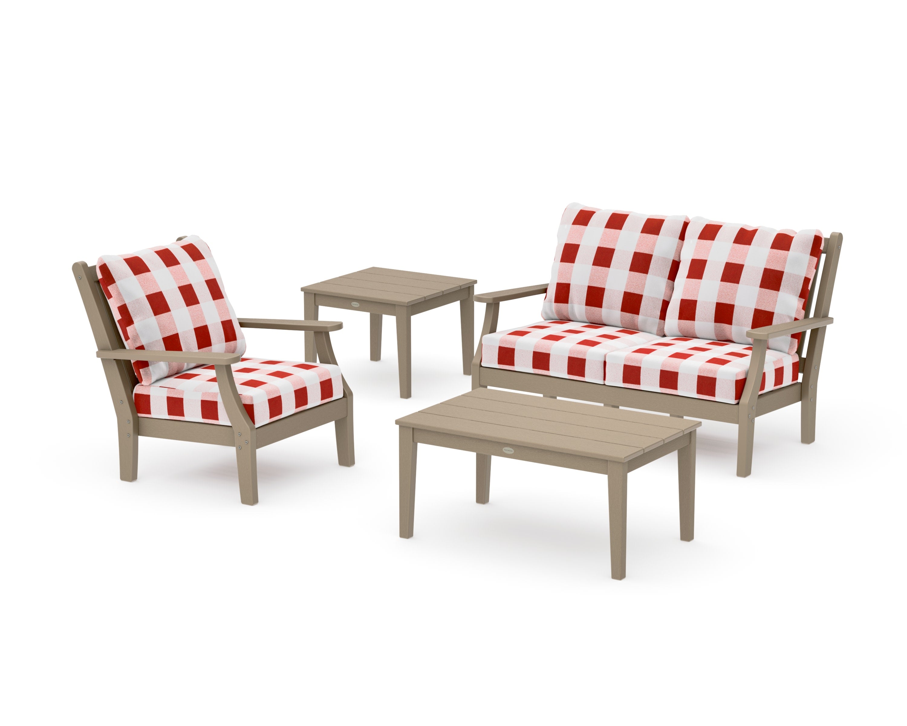 Wovendale 4-Piece Deep Seating Set in Vintage Sahara / Buffalo Plaid Crimson