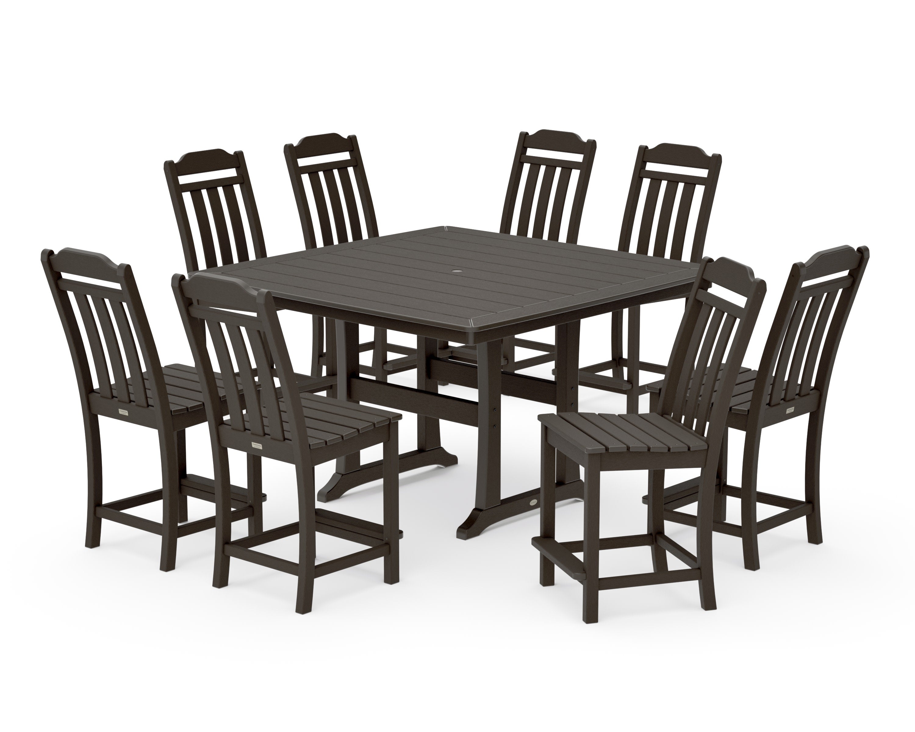Cottage 9-Piece Square Side Chair Counter Set with Trestle Legs in Vintage Coffee