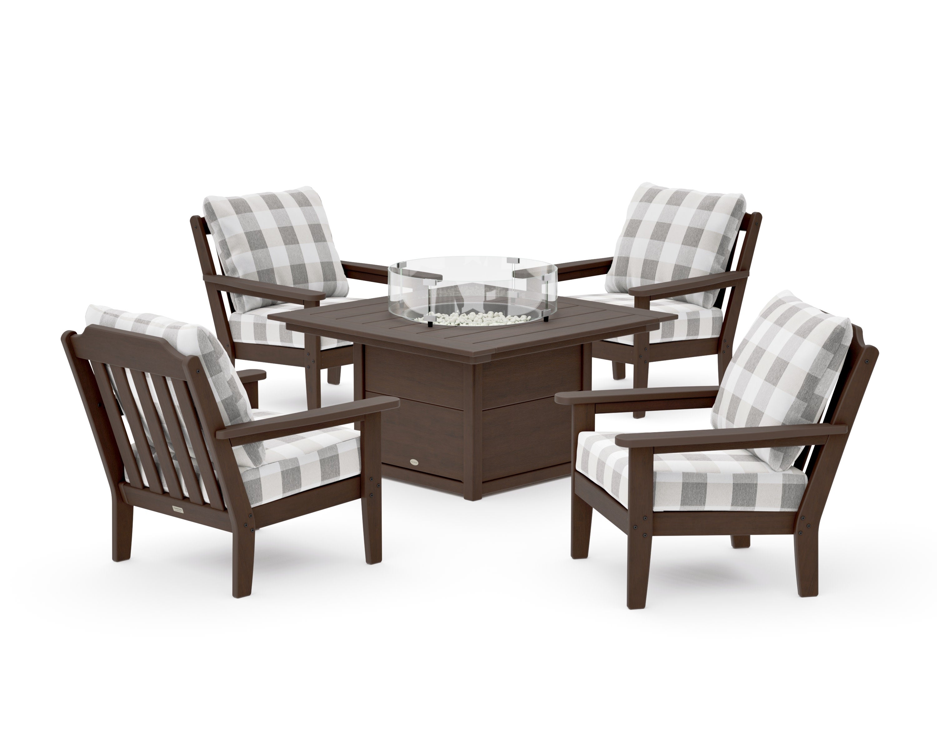 Cottage 5-Piece Deep Seating Set with Fire Pit Table in Kona / Buffalo Plaid Grey Mist