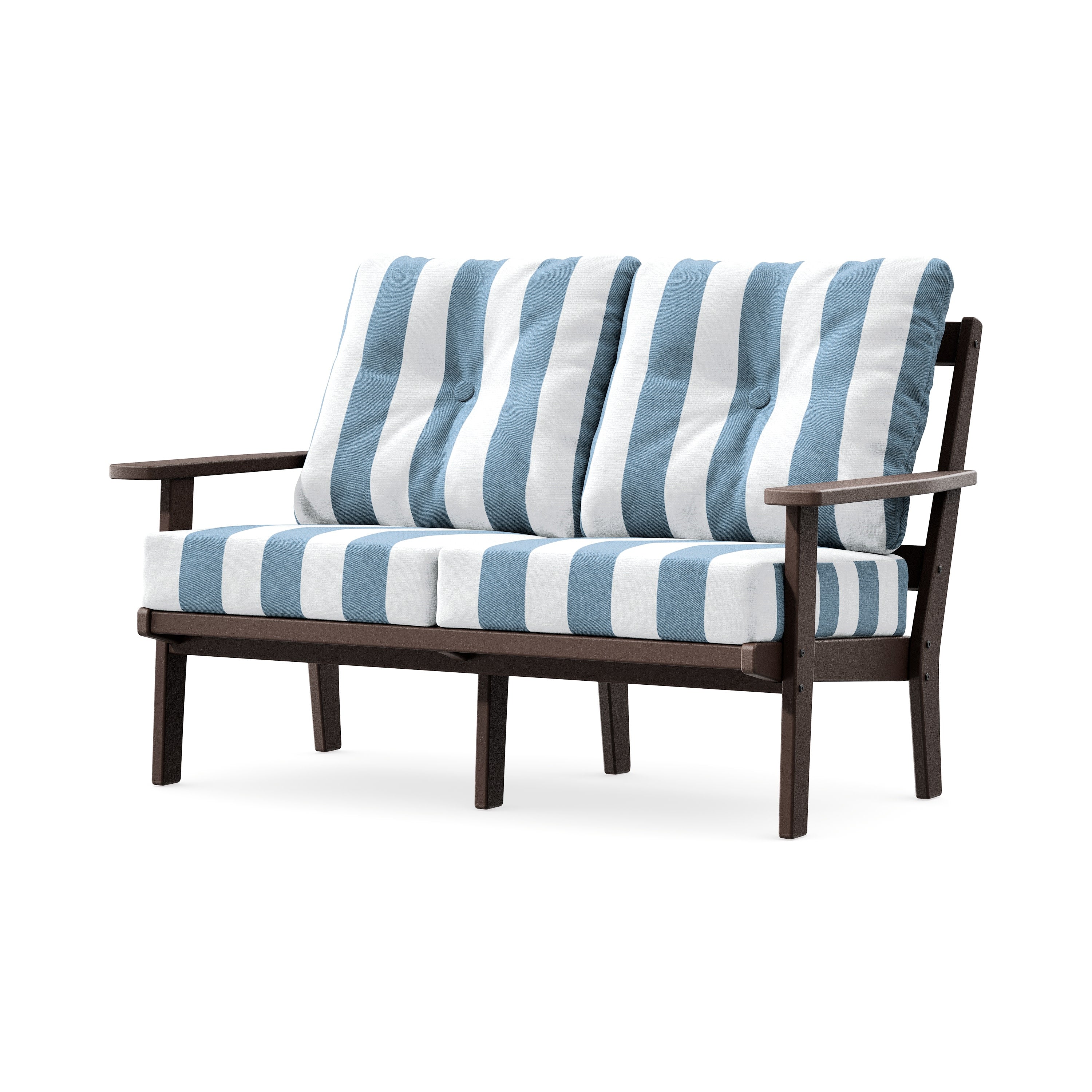 Prairie Deep SeatingLoveseat in Mahogany / Cabana Stripe Sky Blue
