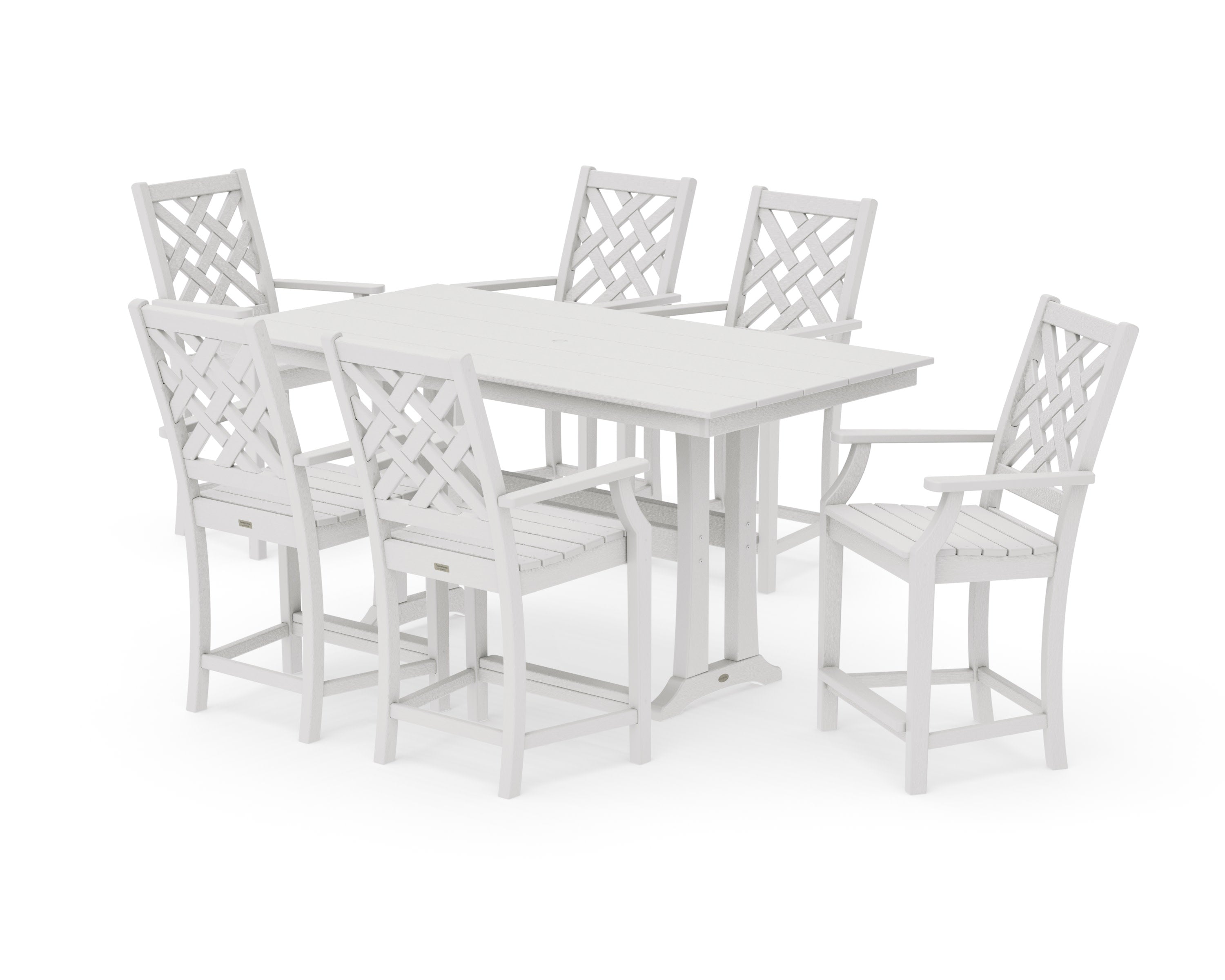 Wovendale Arm Chair 7-Piece Farmhouse Counter Set with Trestle Legs in Vintage White