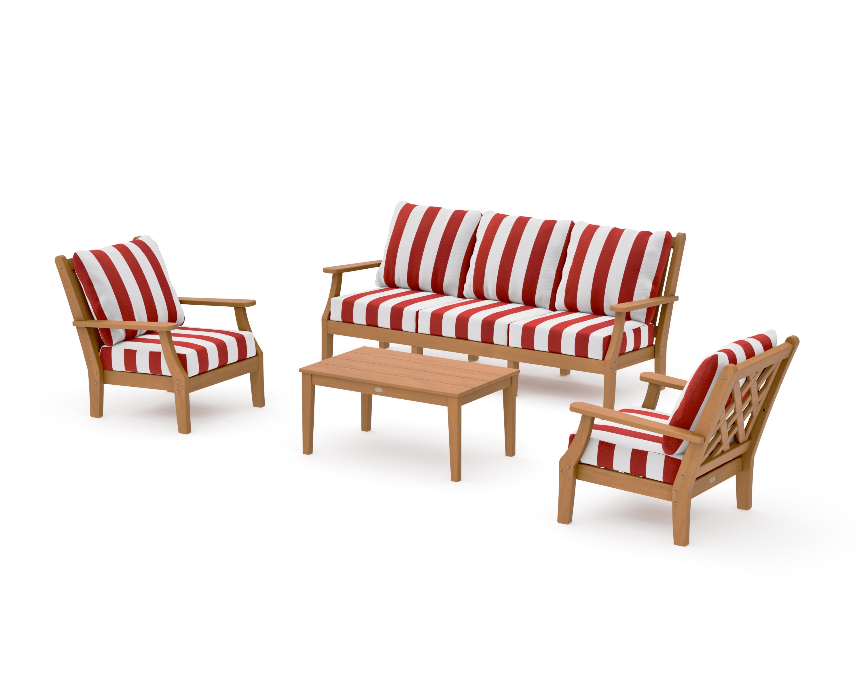 Wovendale 4-Piece Deep Seating Set with Sofa in Natural / Cabana Stripe Crimson