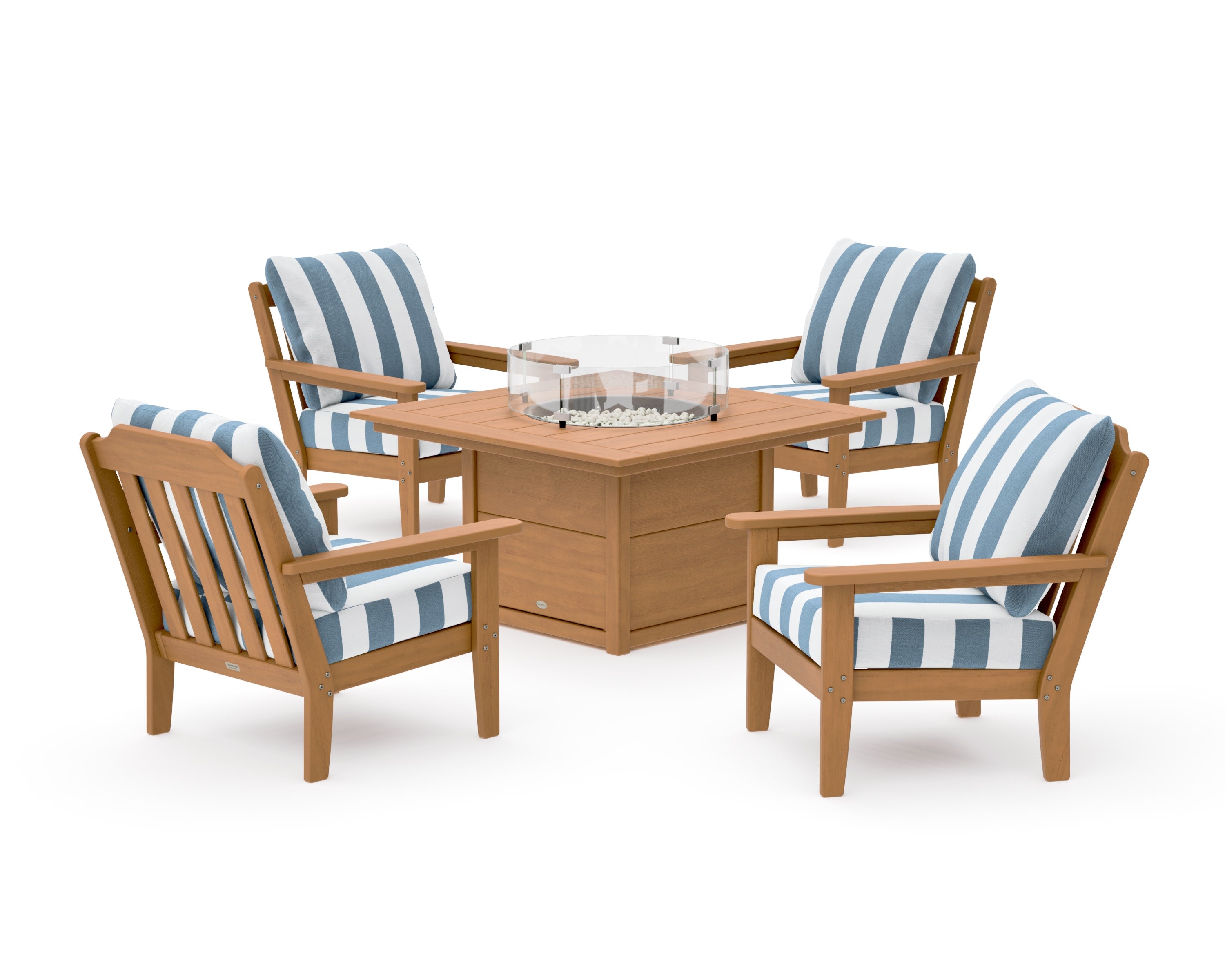 Cottage 5-Piece Deep Seating Set with Fire Pit Table in Natural / Cabana Stripe Sky Blue