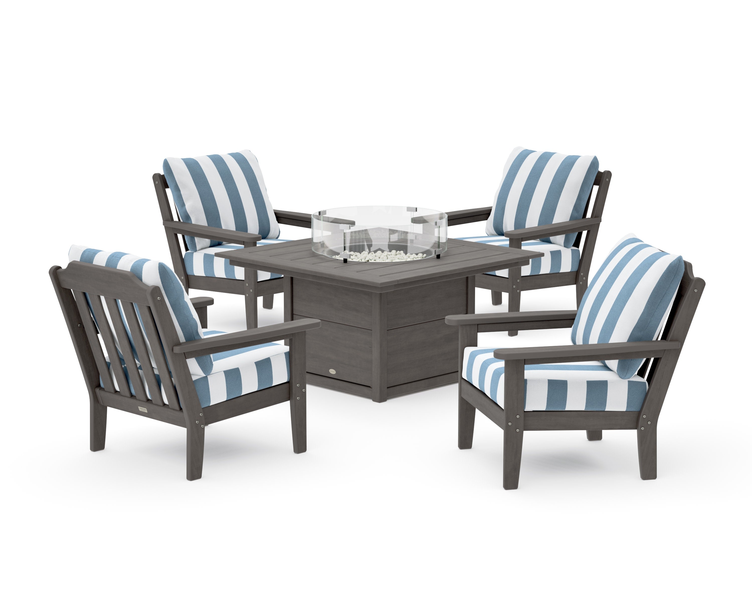 Cottage 5-Piece Deep Seating Set with Fire Pit Table in Driftwood / Cabana Stripe Sky Blue