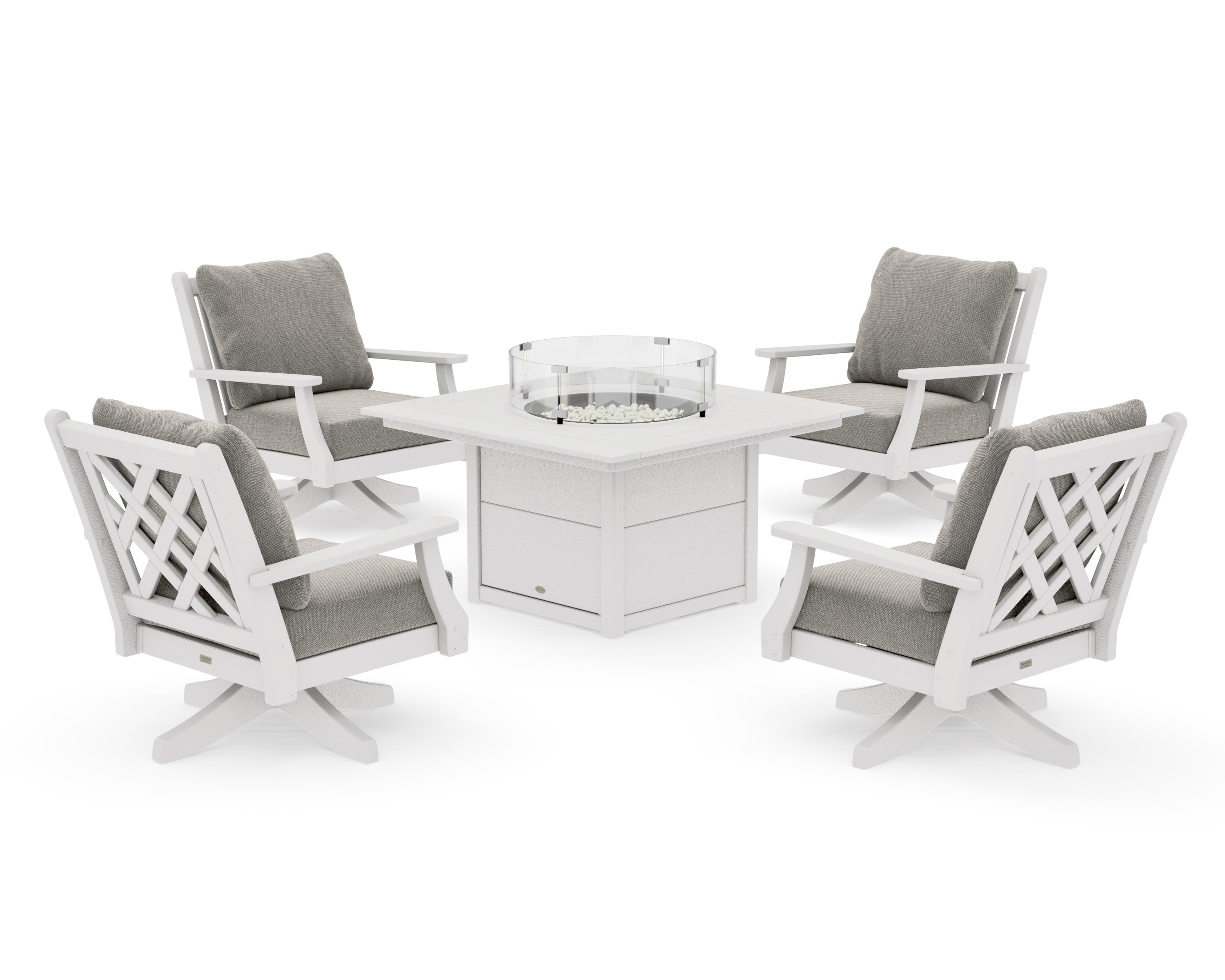 Wovendale 5-Piece Deep Seating Swivel Conversation Set with Fire Pit Table in Vintage White / Weathered Tweed