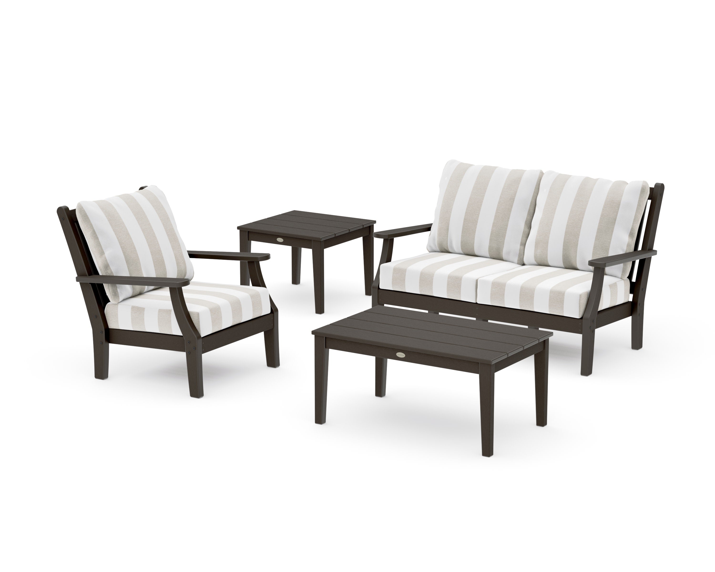 Wovendale 4-Piece Deep Seating Set in Vintage Coffee / Cabana Stripe Dune Burlap