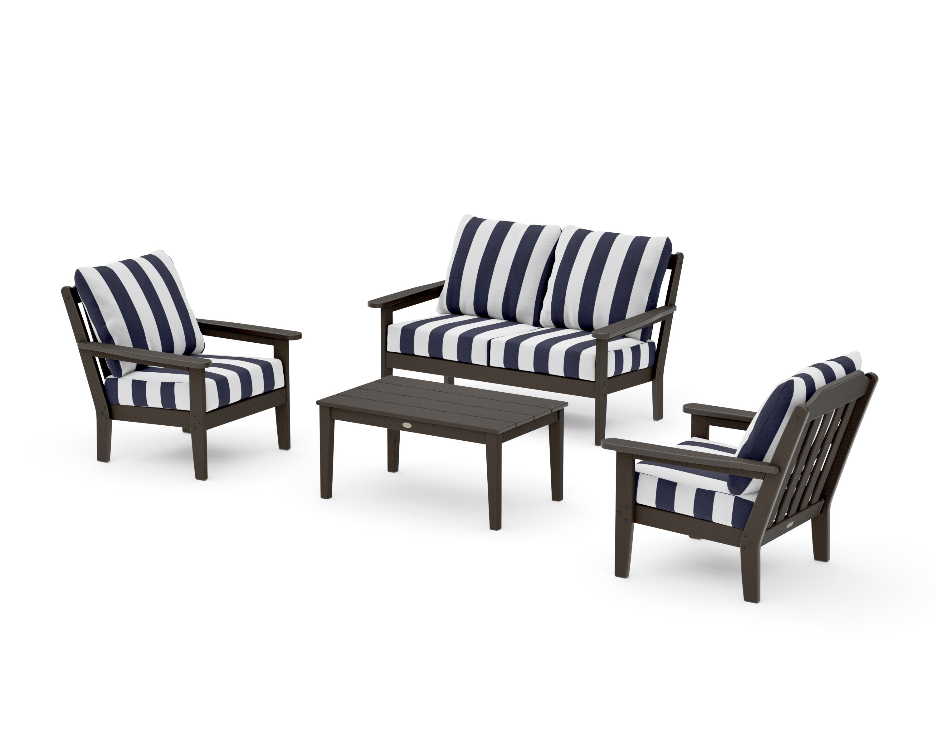 Cottage 4-Piece Deep Seating Set with Loveseat in Vintage Coffee / Cabana Stripe Navy