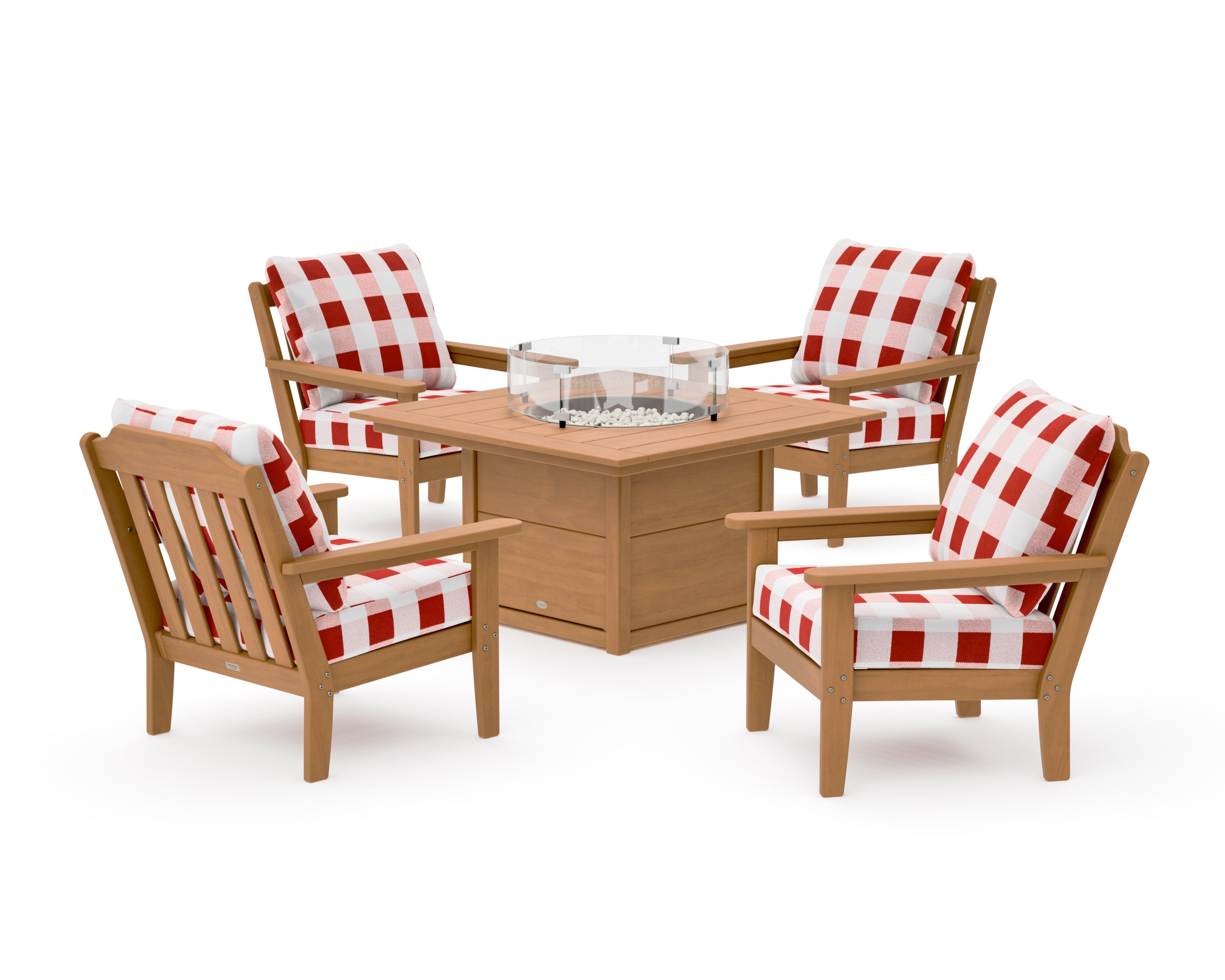 Cottage 5-Piece Deep Seating Set with Fire Pit Table in Natural / Buffalo Plaid Crimson