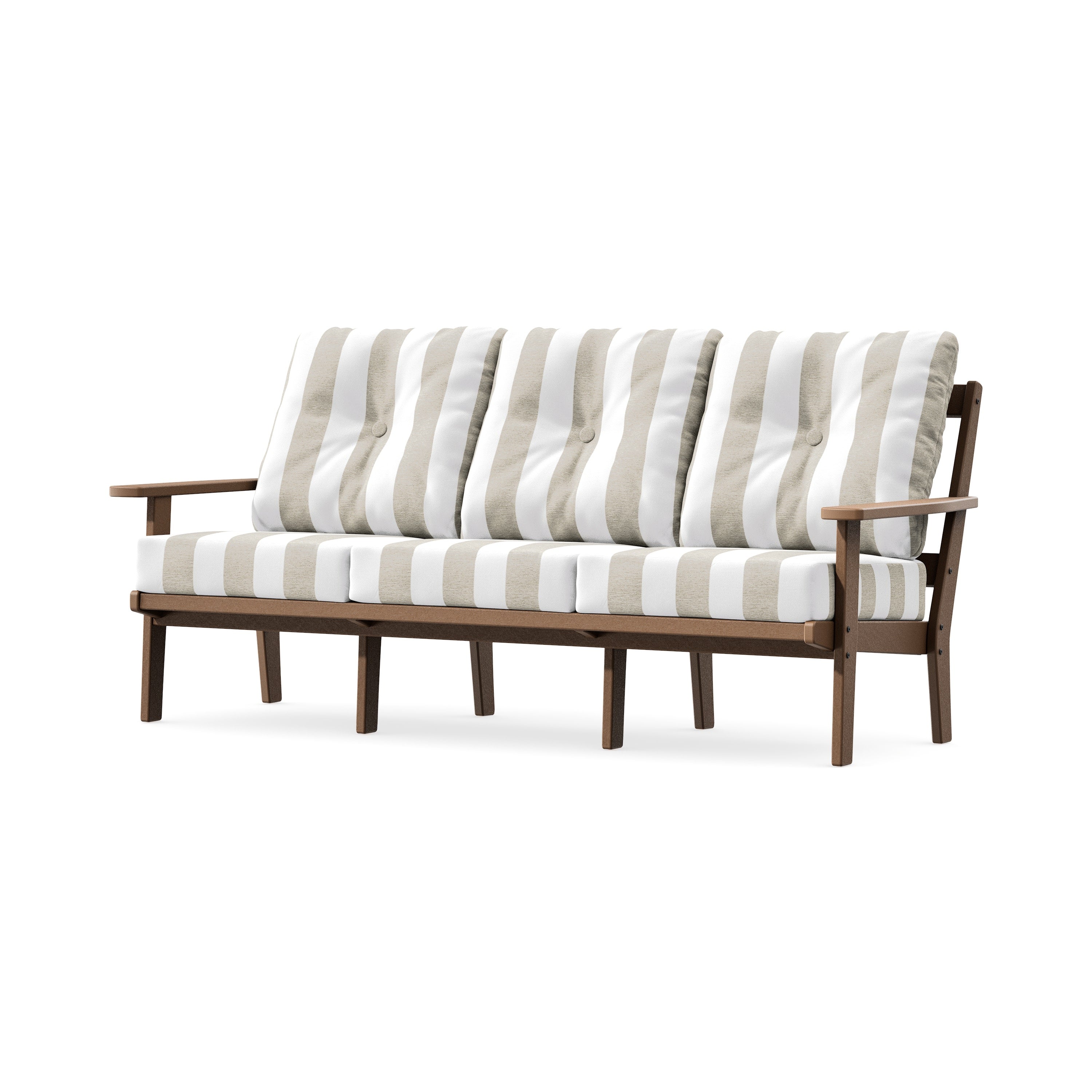 PrairieDeep Seating Sofa in Teak / Cabana Stripe Dune Burlap