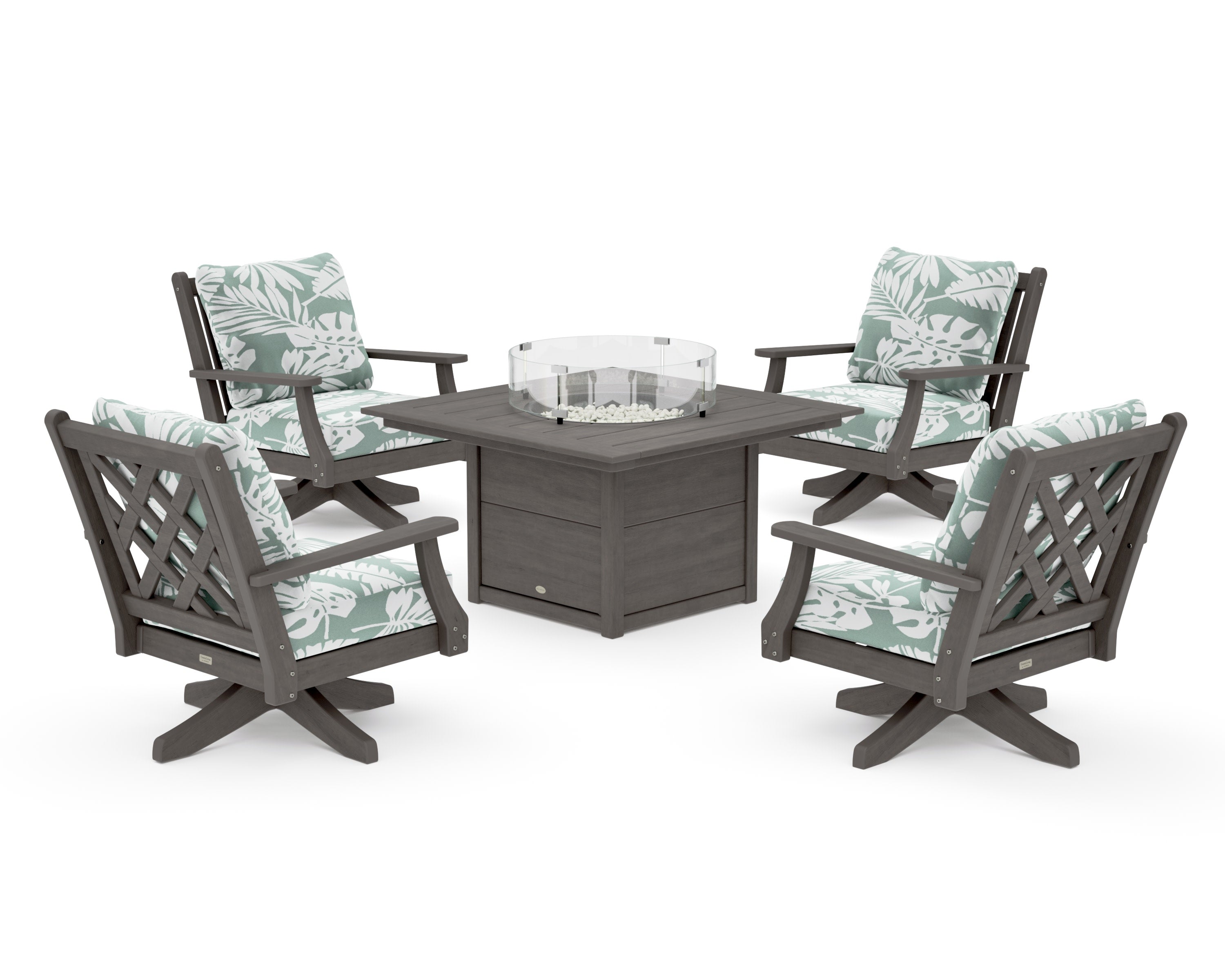 Wovendale 5-Piece Deep Seating Swivel Conversation Set with Fire Pit Table in Driftwood / Leaf Glacier Spa