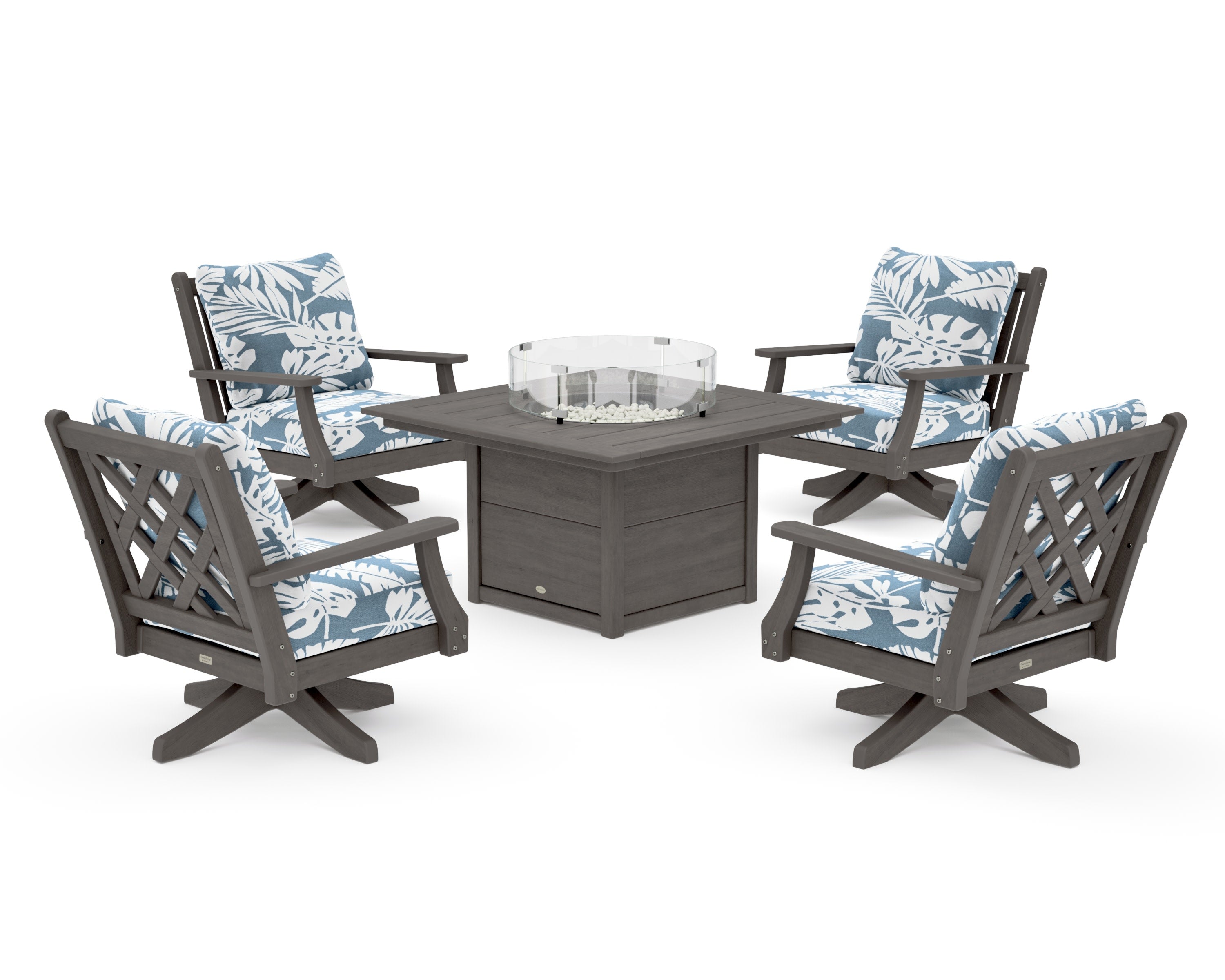 Wovendale 5-Piece Deep Seating Swivel Conversation Set with Fire Pit Table in Driftwood / Leaf Sky Blue
