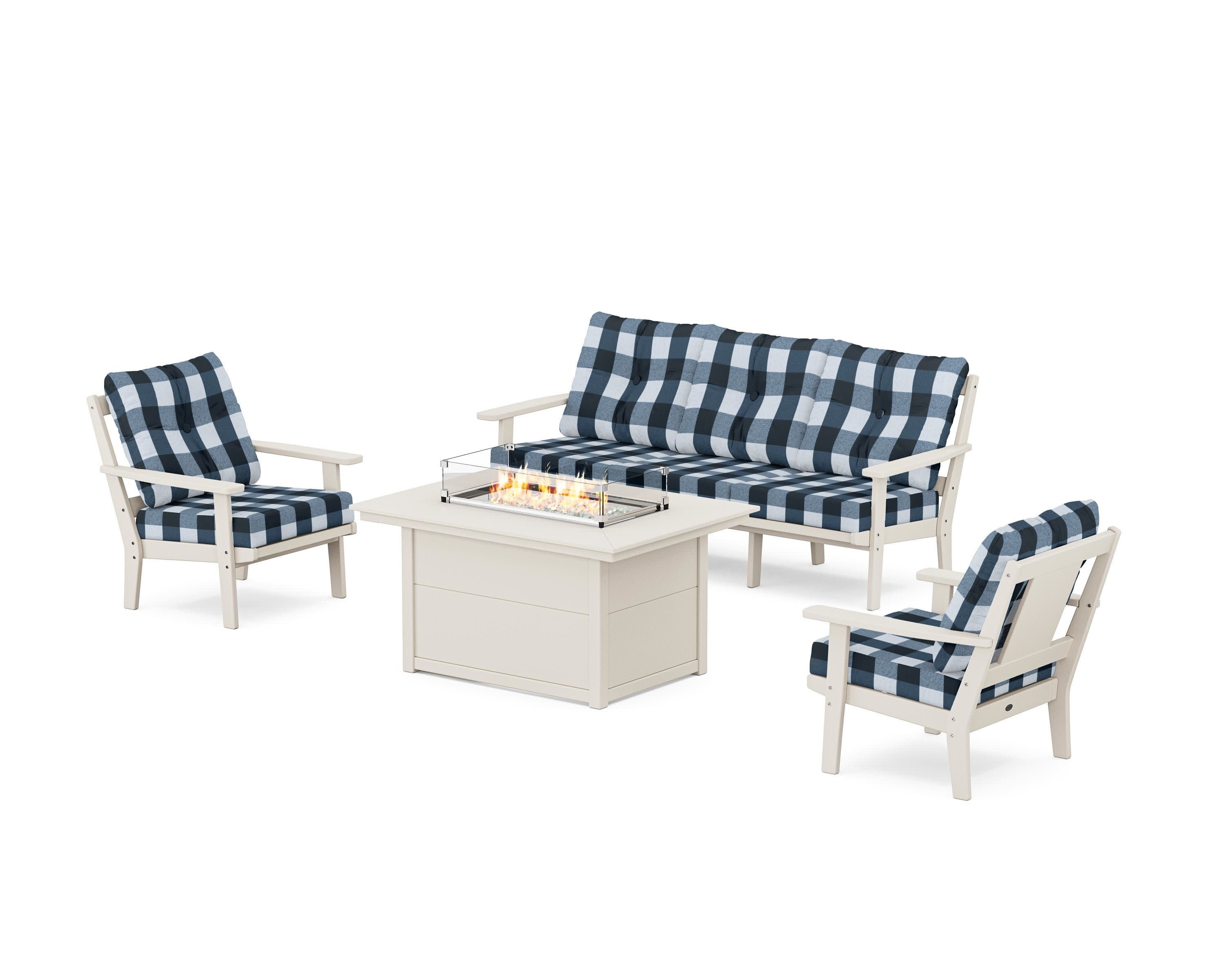 Prairie Deep Seating Fire Pit Table Set in Sand / Buffalo Plaid Marine Indigo