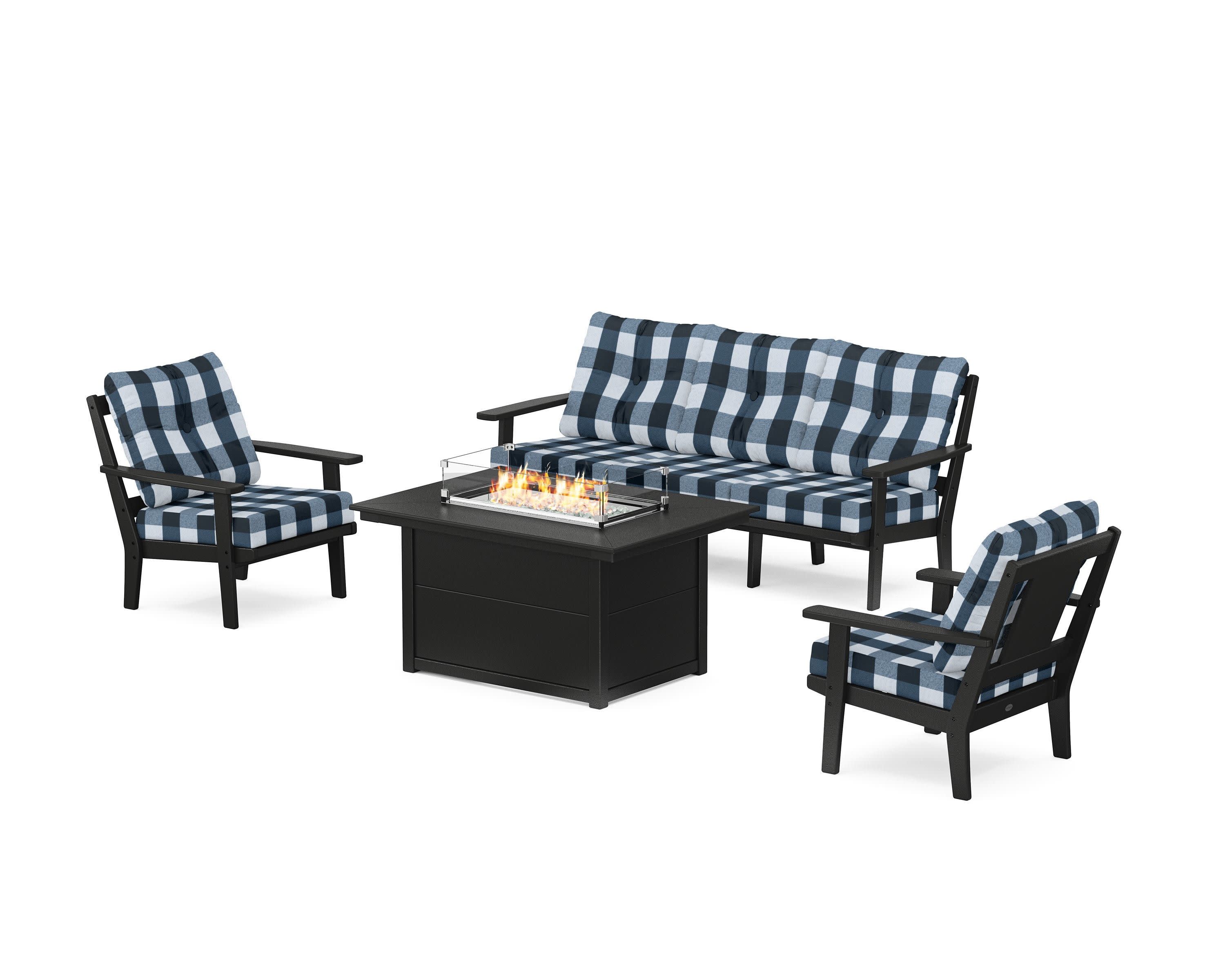 Prairie Deep Seating Fire Pit Table Set in Black / Buffalo Plaid Marine Indigo