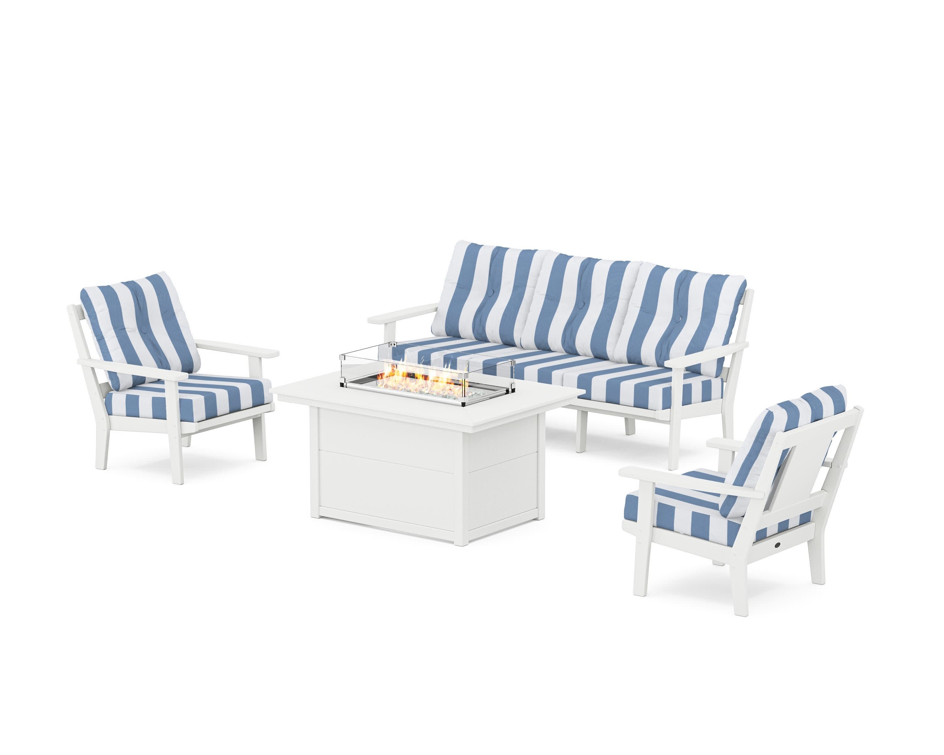 Prairie Deep Seating Fire Pit Table Set in White / Cabana Stripe Sky Blue
