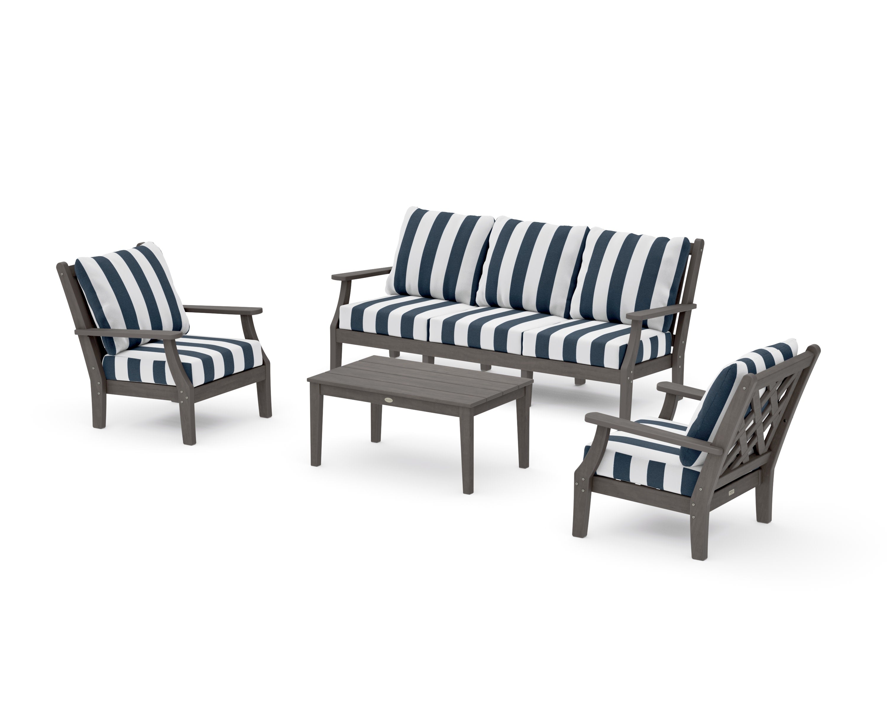 Wovendale 4-Piece Deep Seating Set with Sofa in Driftwood / Cabana Stripe Marine Indigo